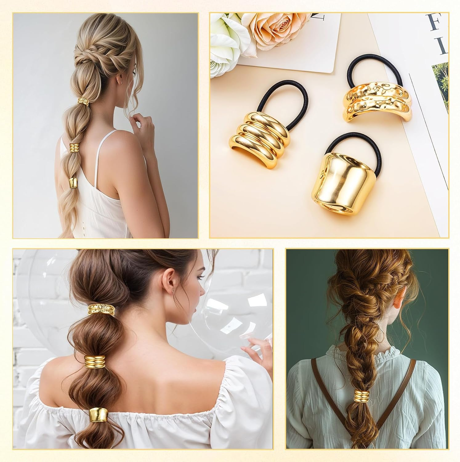 JOOTUEPO 3 PCS Metal Hair Ties for Thick Hair Ponytail Hair Cuff Gold Hair Ties Hair Cuff Wrap Hair Elastic Hairs Ties for Women Long Hairs Ponytail Holder Gold Hair Accessories image number 3
