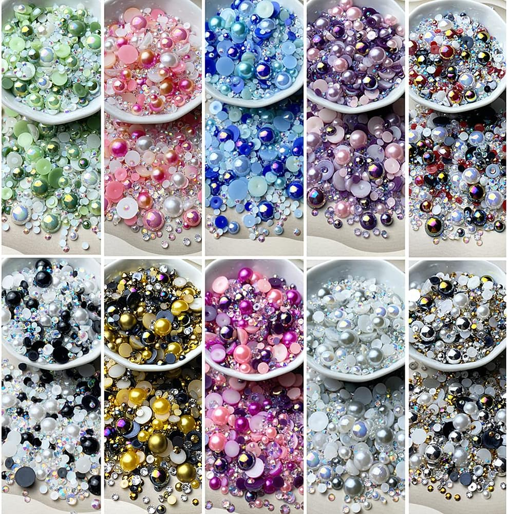 50G Mix Flatback Resin Rhinestones Half round Pearls Mixed Size 3Mm-10Mm AB Color Half Pearls Resin Rhinestones for DIY Craft Nail Art Shoes Clothes Tumblers Scrapbooking (Gold Series) image number 4