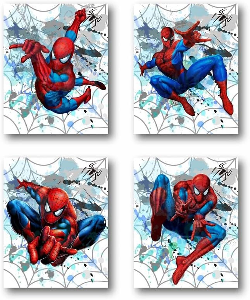 Purplehearts | Spiderman Watercolor Wall Art Poster Prints Set of 4 UNFRAMED ( 8'' X 10'' ) Posters for Boys Room Decor, Avengers Poster, Superheroes Art, Room, Multicolor, 8''X10'' image number 4