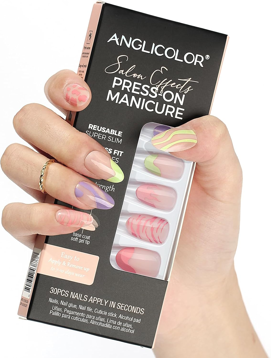 Anglicolor Press on Nails,Press on Nails Short,Short Almond Nails,30 Pcs Soft Gel Fake Nails in 15 Sizes, Reusable Fake Nails Kit with Nail Glue (A103, 30 Count)