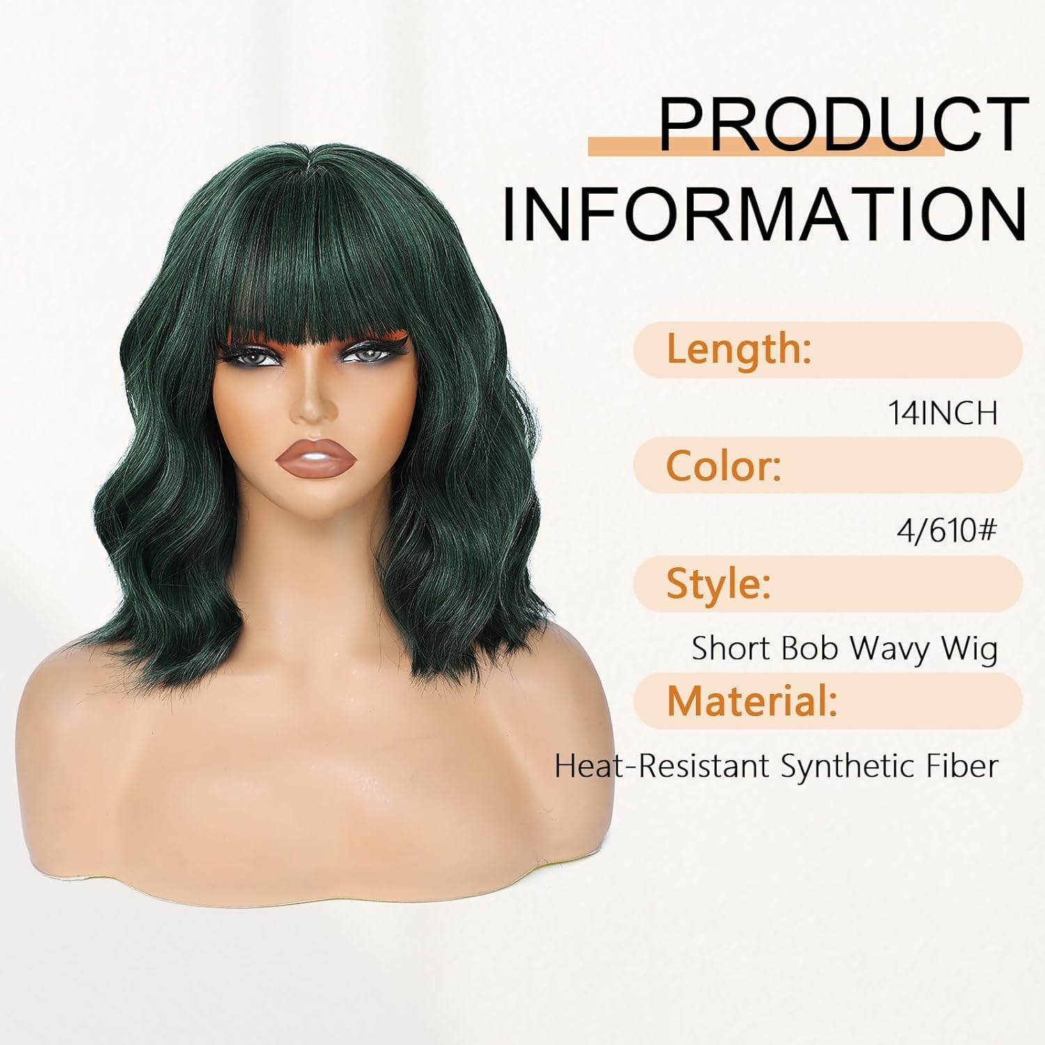 Short Bob Wig with Bangs Dark Green Loose Wave Wigs Shoulder Length 14Inch for Women Colorful Costume Wig Heat Resistant Fiber Hair for Daily Party Halloween Cosplay Use(313A#Darkgreen) image number 2