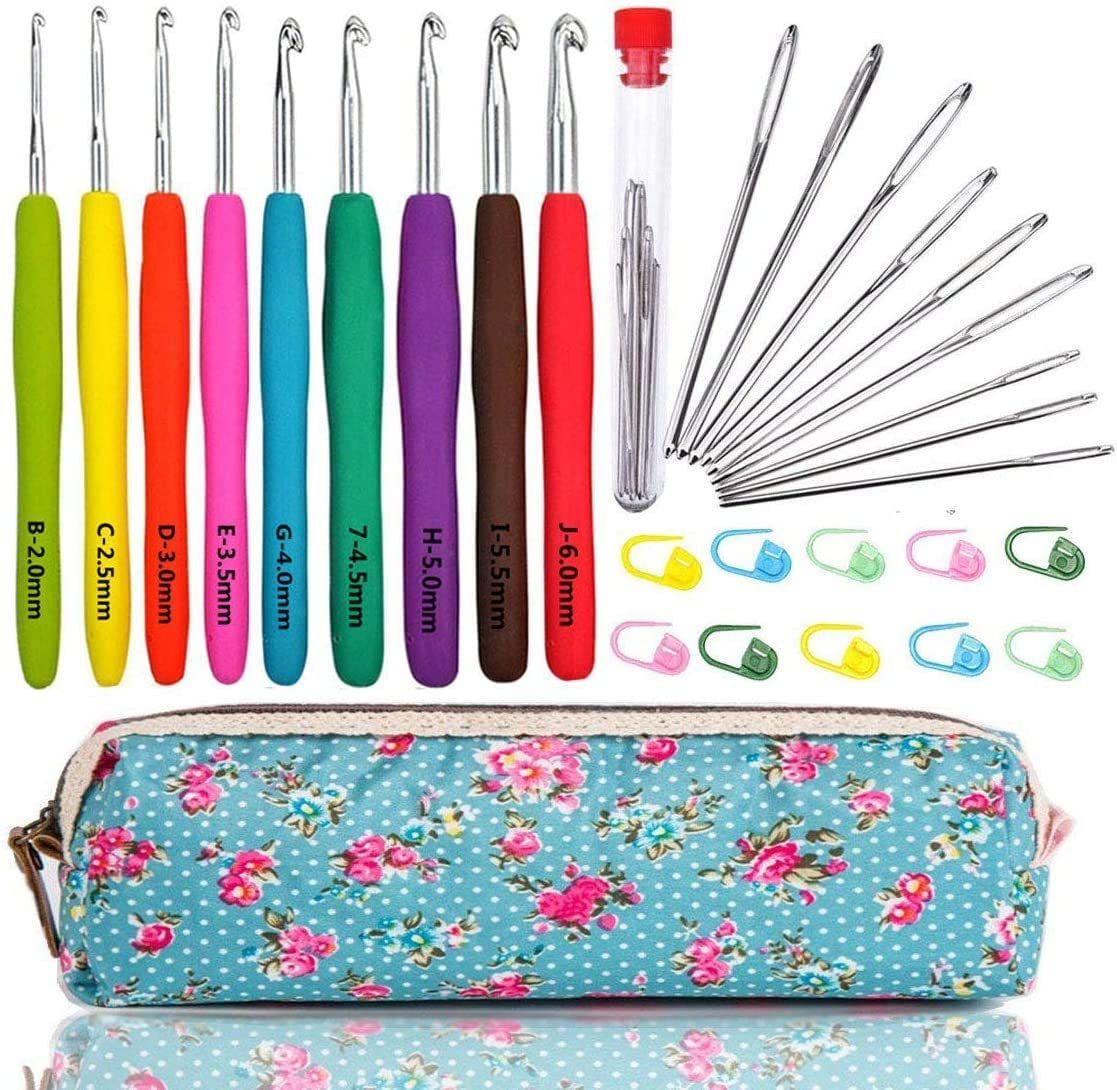 Large-Eye Blunt Needles Yarn Knitting plus Crochet Hooks Set with Case,Ergonomic Handle Crochet Hooks Needles for Arthritic Hands.Best Gift!
