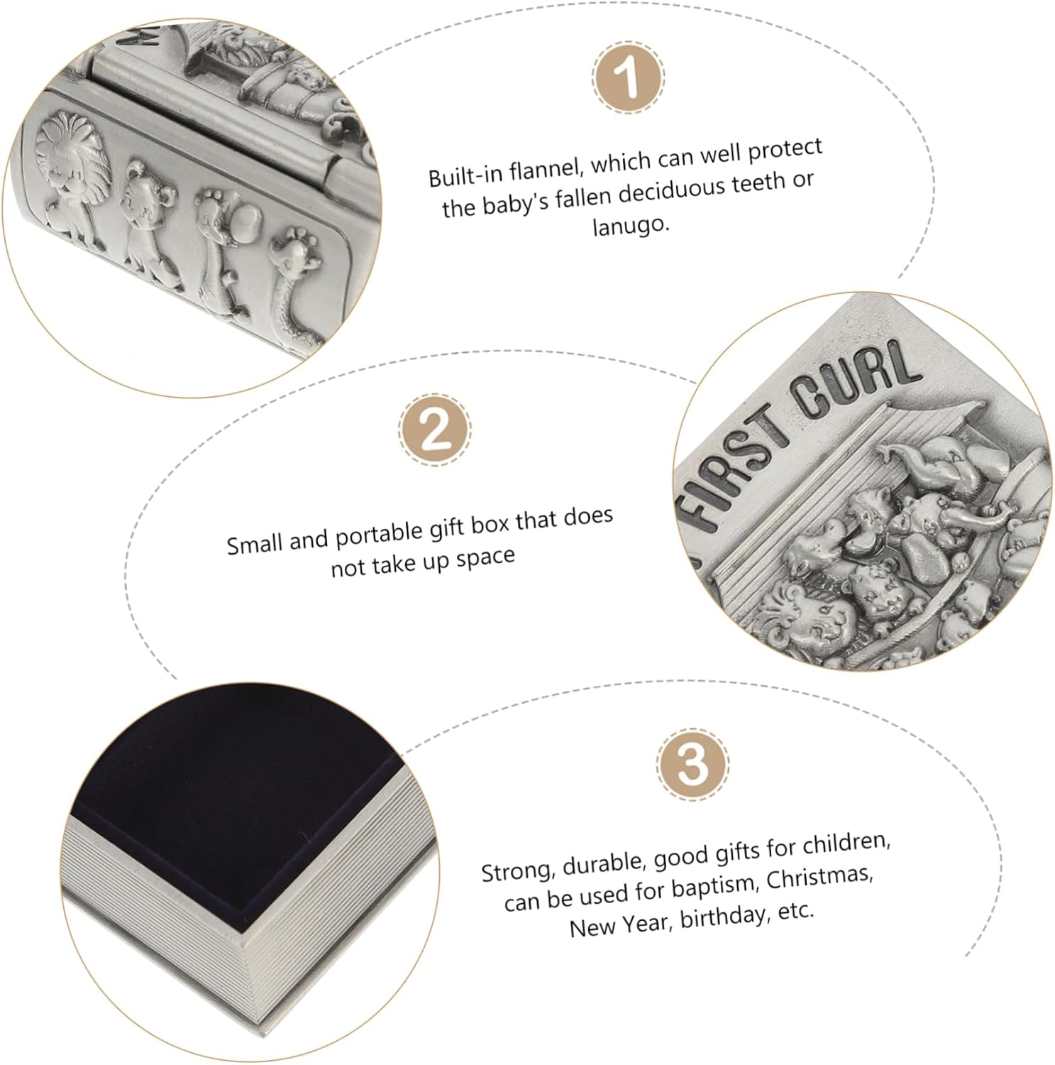 2Pcs Baby First Tooth and Lanugo Keepsake Boxes Metal Curl Storage Containers for Infant Memory Collection Silver image number 4