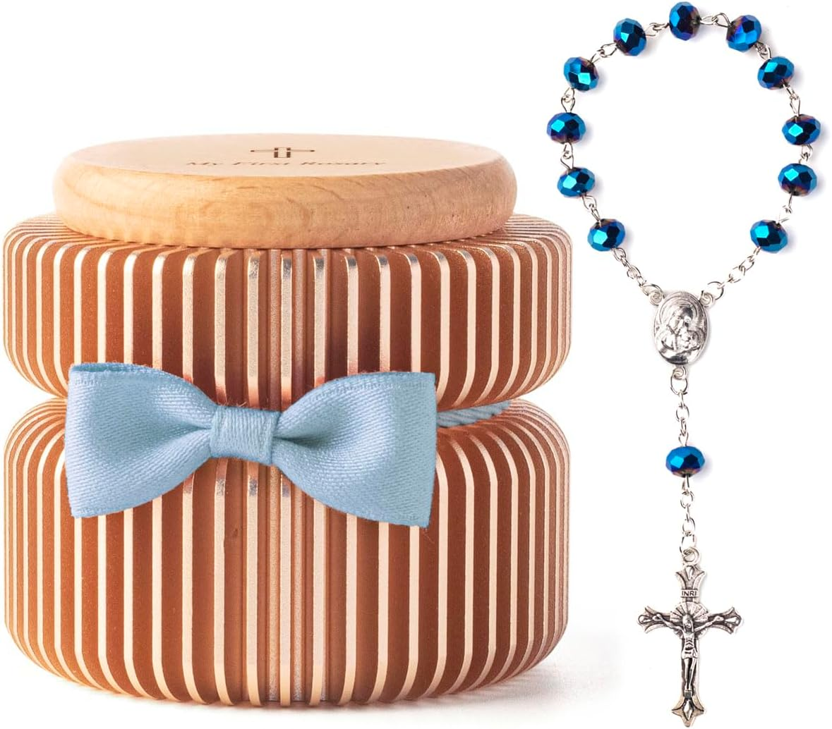 Catholic Baptism Gift Set My First Rosary & Aluminum Alloy Keepsake Box, Catholic Baptism Gifts for Baby Girl or Dedication Baptism Gifts for Girl or Kids (Pink Gold)