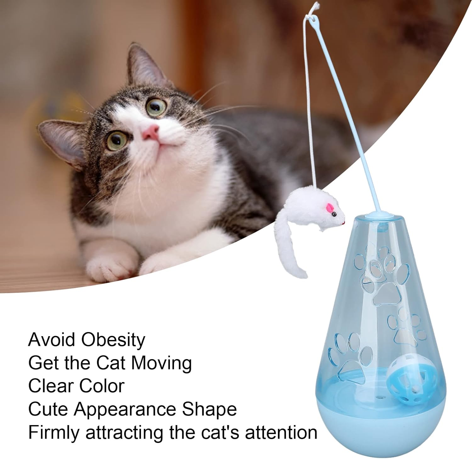 Cat Chasing Toy, Clear Color Cat Snack Toy Anxiety Ease Built in Bell Ball, Cat Roly Poly Toy Exercise Attractive Plush Mouse Cat Stick for Indoor Cats Kittens (Blue)