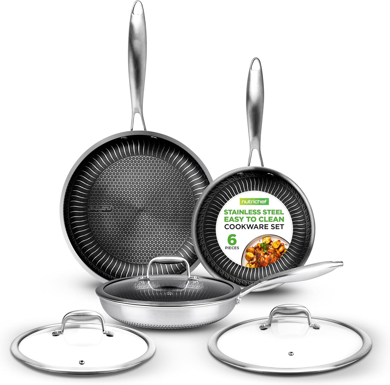 Nutrichef 6-Piece Cookware Set Stainless Steel - Triply Kitchenware Pans Set Kitchen Cookware W/Dakin Etching Non-Stick Coating - Small, Medium, & Large Stir Fry Pan with Lid - NC3PFRY3 image number 1