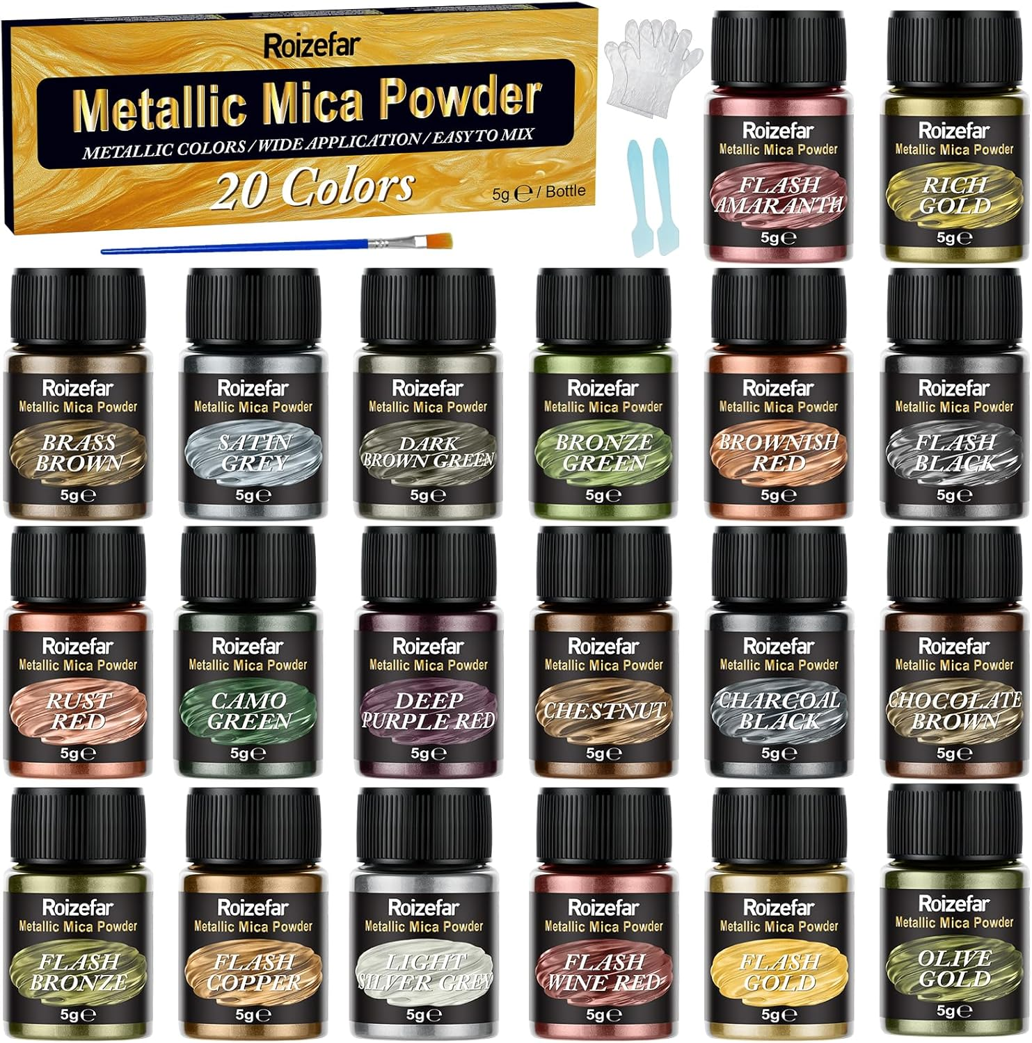 Roizefar Mica Powder - 20 Colors X 5 G Metallic Pigment Glitter Powder for Epoxy Resin, Soap Paint, Nail Polish, Resin Dye, Candle Making, Bath Bombs, Slime image number 3