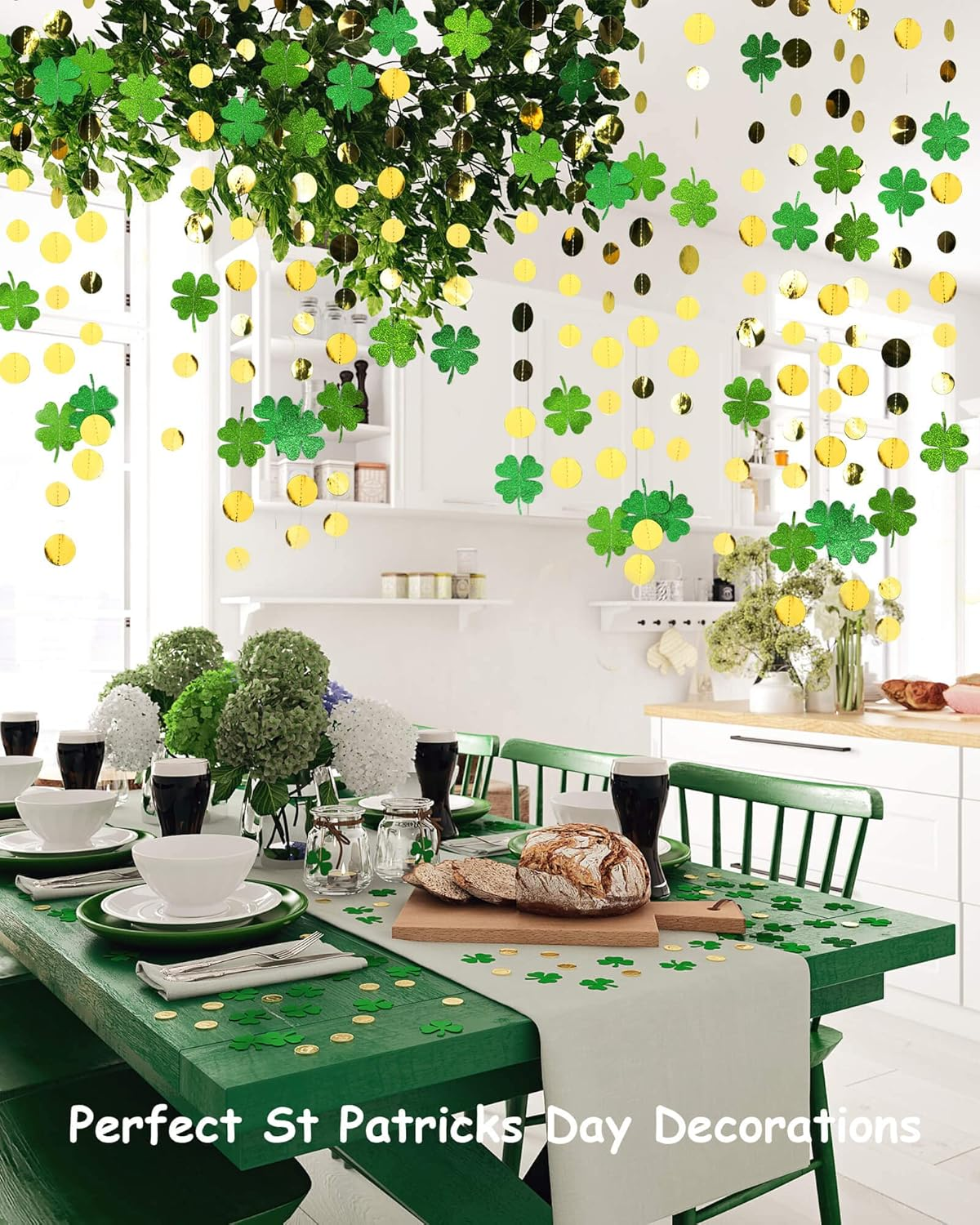 SONGTIY Glitter Green Clover Garland with Gold Circle Dots, Irish St. Patrick'S Day Shamrock Banner, Streamer Backdrop Hanging Decorations, for Spring Baby Shower Birthday Party Decor, image number 4