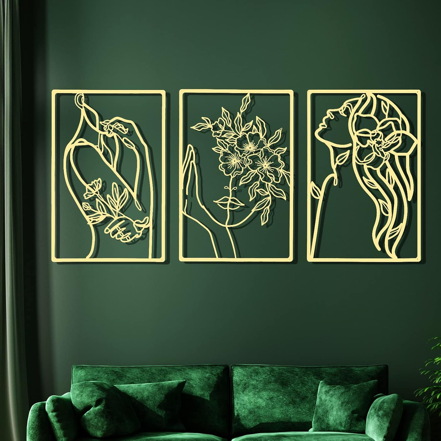 3 Pieces Metal Minimalist Abstract Woman Wall Art Line Drawing Wall Art Decor Single Line Female Home Hanging Wall Art Decor for Kitchen Bathroom Living Room (Gold, Flower) image number 7
