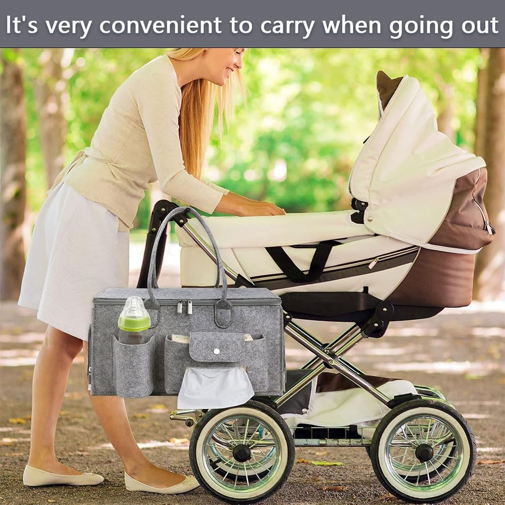 Baby Diaper Caddy Organizer with Lid, Large Portable Nursery Storage Basket for Changing Table, Car & Travel, Collapsible Diaper Organizer with Handles & Dividers &ndash; Light Gray image number 6