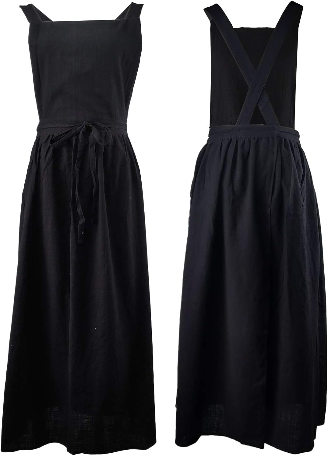 Pleated Cotton Long Apron X Back Kitchen Garden Florist Work Clothes Bib Dress