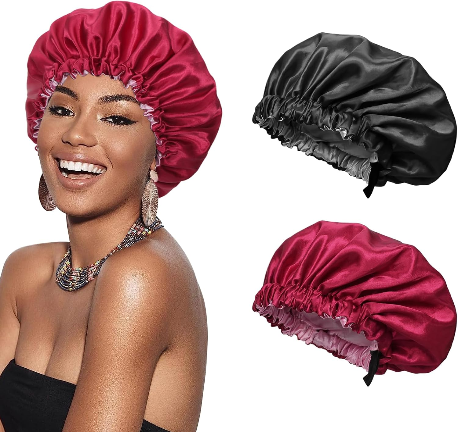 Euqvunn 2Pcs Satin Hair Bonnet, Hair Bonnet for Sleeping Adjustable with Wide Elastic Band, Two Color Double-Sided, Suitable for Night Sleep, Long/Straight/Curly Hair Protection (Black Red) image number 4