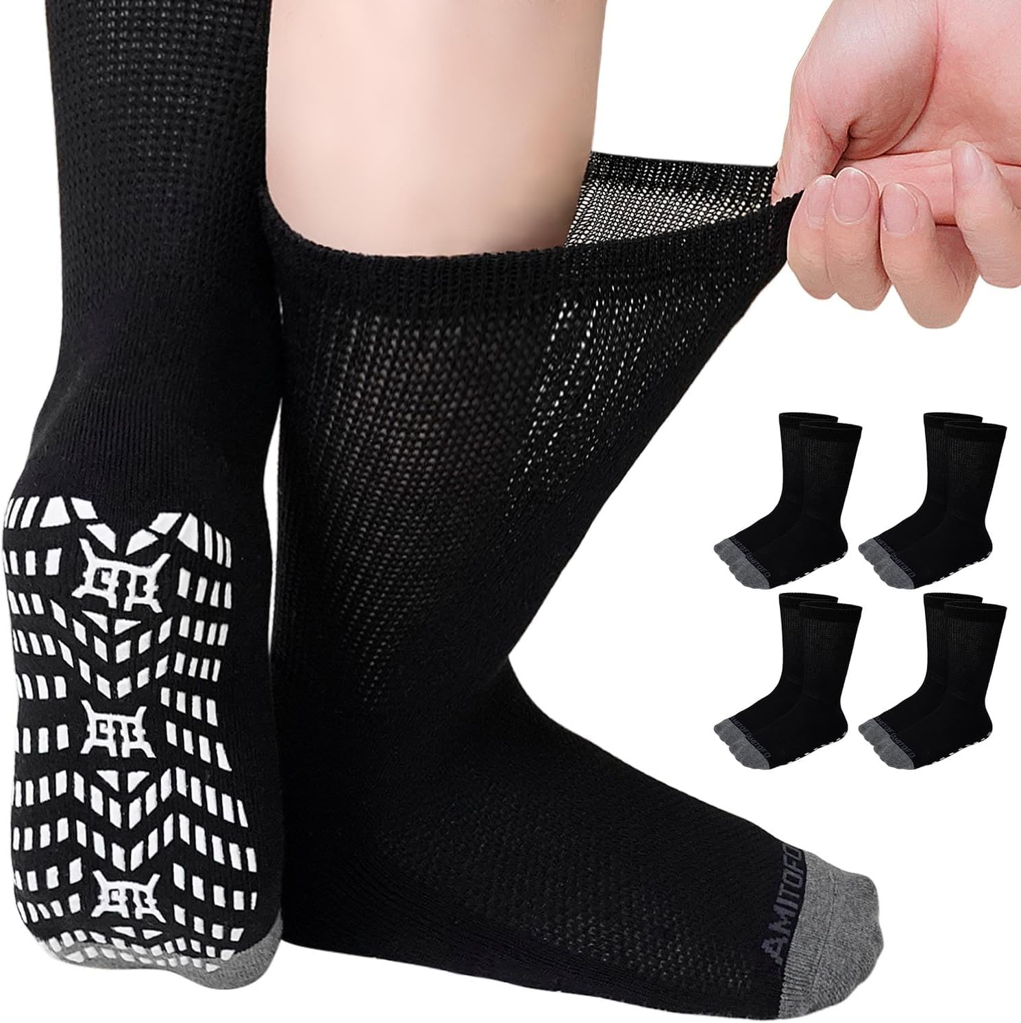 Caidienu Non Slip Diabetic Socks: 4 Pairs Extra Wide Hospital Socks for Men Women with Grips Elderly Edema 9-15 image number 1