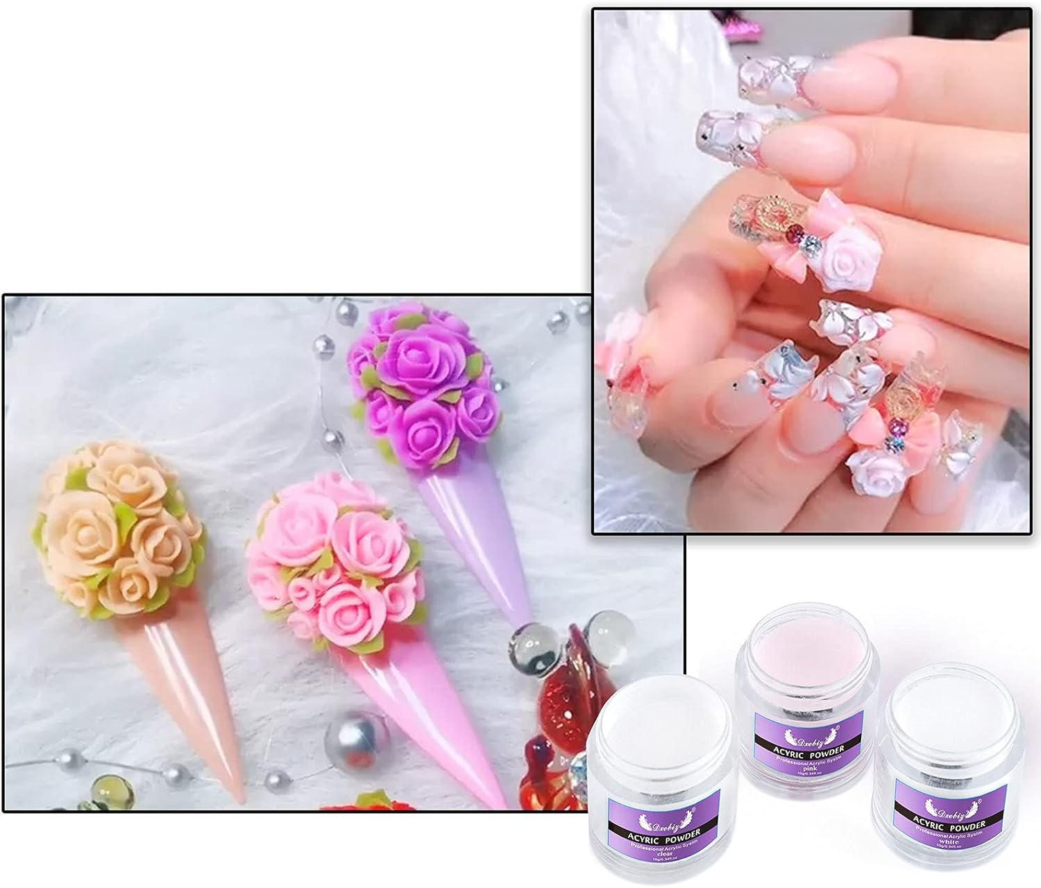 Acrylic Nail Kit,Meizhaung Acrylic Powder & Liquid Set with Nail Brush Nail Forms 3 Colors Nail Powder Kit for Beginners Nail Art DIY Nail Beauty Tools image number 2