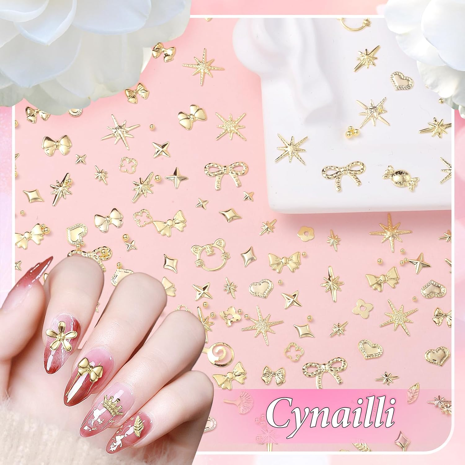 Cynailli 2 Boxes 3D Gold Nail Charms, Assorted Heart Star Flower Rabbit Animal Candy Cross Star Shapes, Luxury Metal Nail Art Accessory image number 1