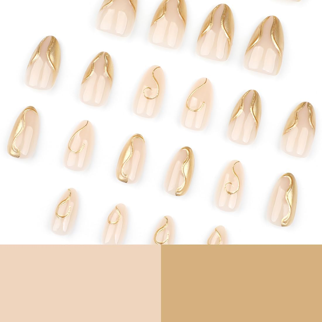 24 PCS Nude Almond Press on Nails Glossy Gold False Nails Short Fake Nails Full Cover Stick on Nails Art for Women and Girls Daily Decoration image number 1