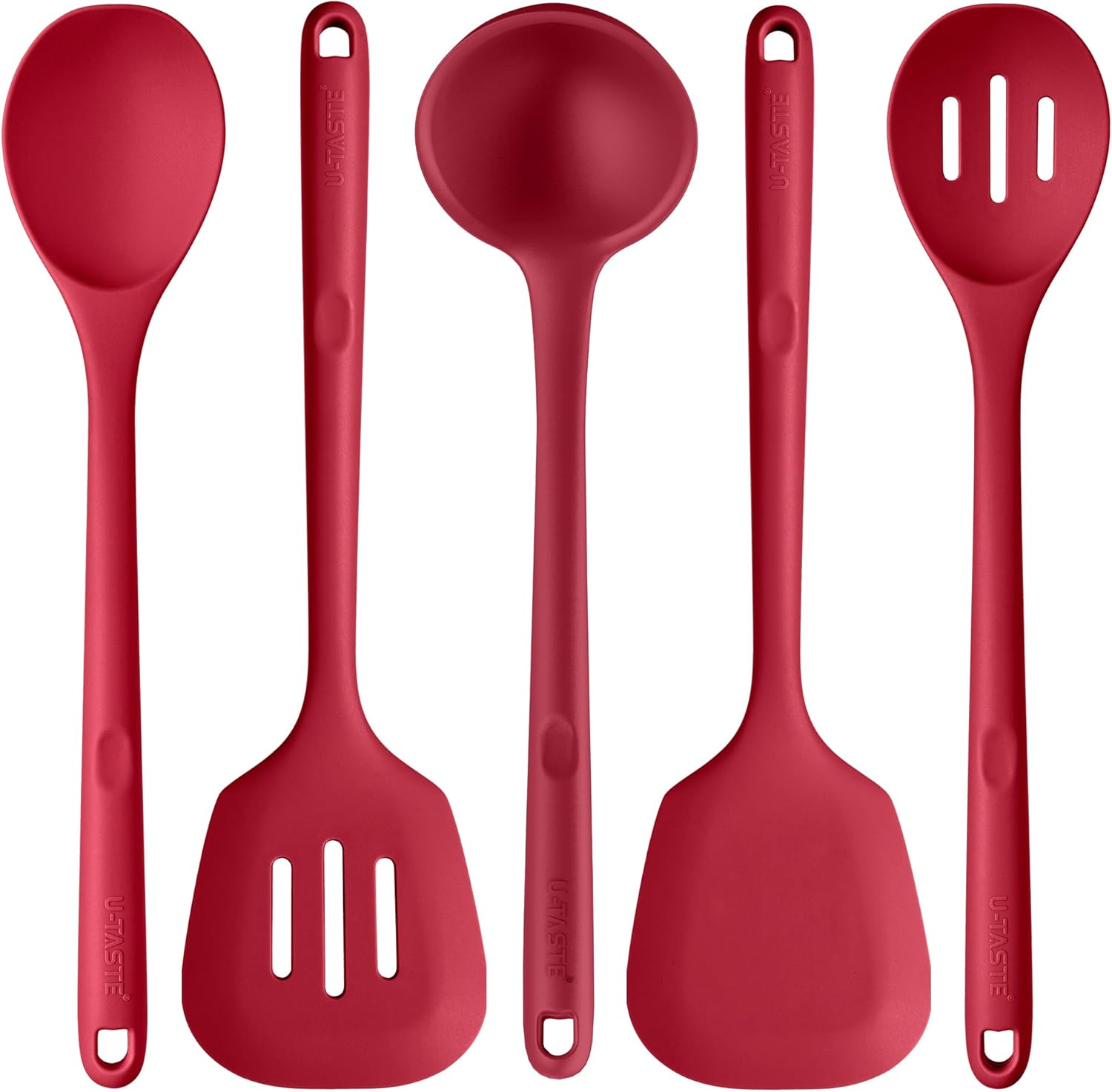 Long Silicone Cooking Utensil Set - U-Taste 315℃ Heat Resistant Kitchen Accessories, Bpa-Free Non-Scratch Solid & Slotted Turner and Spoon, Soup Ladle for Non-Stick Cookware (5 PCS, Aqua Sky)