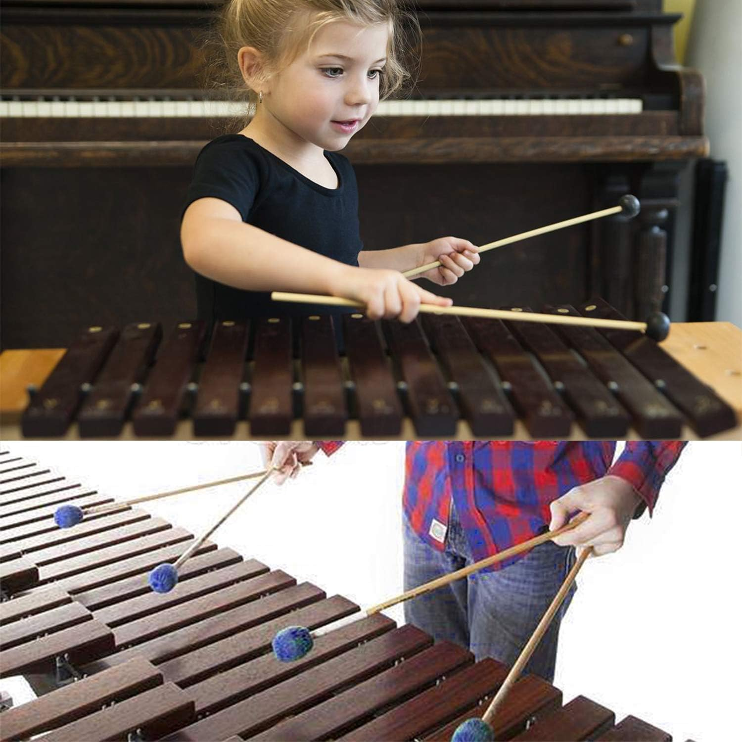 Unime 2 Pairs Keyboard Marimba Mallets Wood Handle Medium Blue Hard Yarn Head Keyboard Marimba Mallets Black Rubber Bell Mallets Glockenspiel Sticks image number 4
