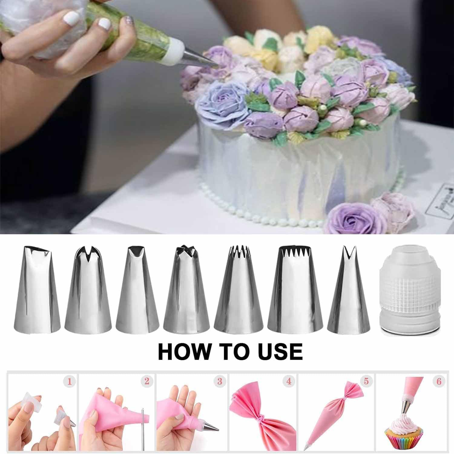 Roczential 35 Pack Cake Stand, Rotating Cake Turntable with 2 Icing Spatula,7 Icing Tips and 20 Bags,3 Cake Scrapers Icing Smoother Set & More, Baking Cake Decorating Kits Supplies image number 5