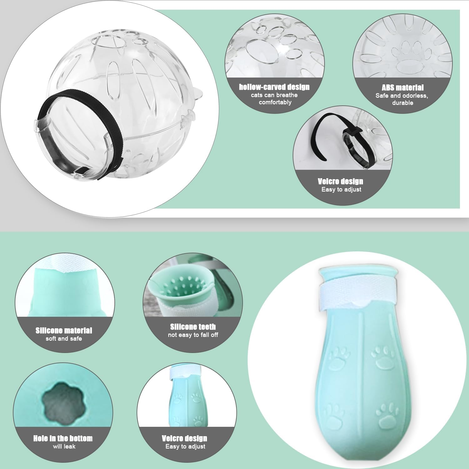 Savita Cat Breathable Bubble Helmet with Silicone Paw Covers, Light Green Cat Adjustable Hood Plastic Kitten Breathable anti Bite Muzzles for Cats Bathing Shaving Nail Trimming image number 5