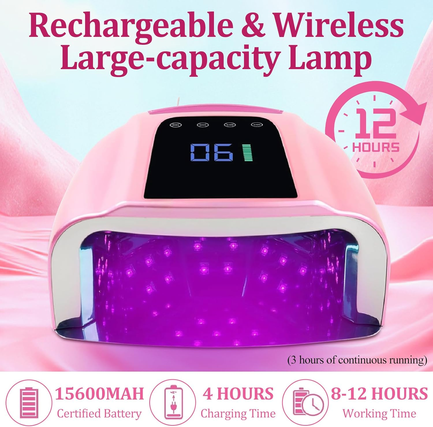 Bouzaak 96W Rechargeable Cordless UV LED Nail Lamp, Portable Nail Polish Curing Lamp with LCD Display Auto Sensor, 4 Timer Setting and Smart Sensor Nail Dryer (Pink) image number 6