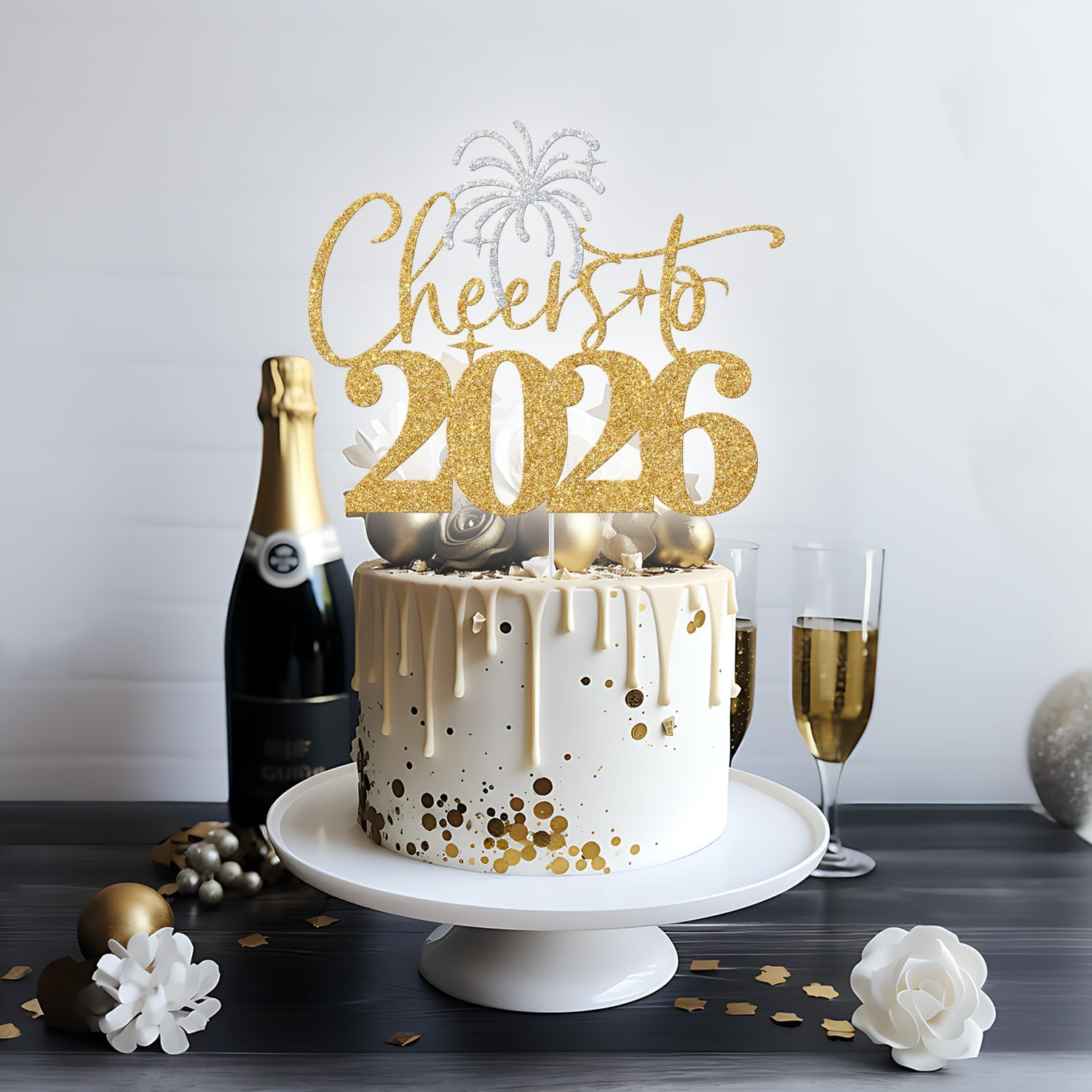 Cheers to 2025 Cake Topper, Happy 2025 Cake Decoration, Hello 2025, New Year Eve Party Decoration, Happy New Year Party Decorations Gold & Sliver Glitter image number 4