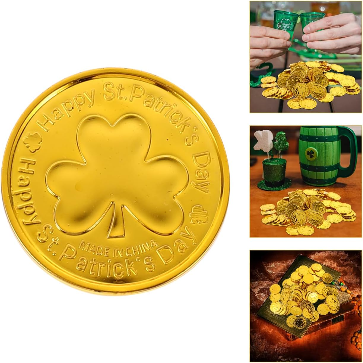 Ibasenice 100Pcs Coin St. Patricks Day Table Decor Practical Shamrock Coin Chocolate Coins Clovers Coins Golden Green Lucky Coins Toy Festival Supplies Make up Plastic image number 6