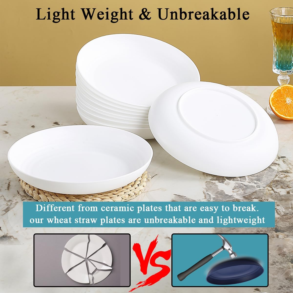 Berglander White Plastic Plates Set of 12 Pieces 9", Reusable and Sturdy Unbreakable Dinner Plates, Salad Plates, Pasta Bowls, Dishes for Home, Kid, Light Weight Easy Carry for Picnic, Camping image number 4