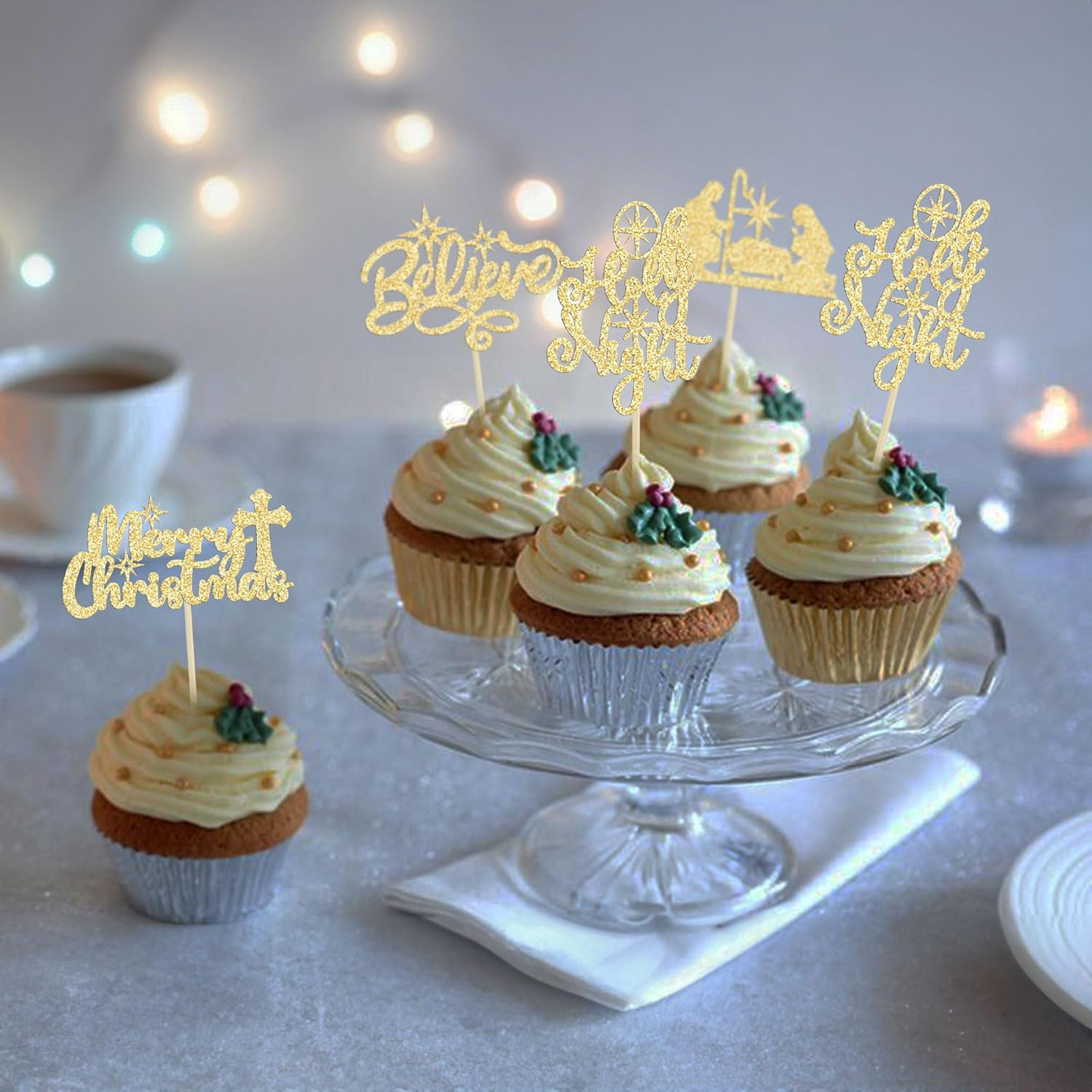 24Pcs Christmas Jesus Cupcake Toppers Glitter Holy Night Blessed Believe Christmas Nativity Cupcake Picks for Nativity Scene Theme Christmas Jesus Birthday Party Cake Supplies Gold image number 3