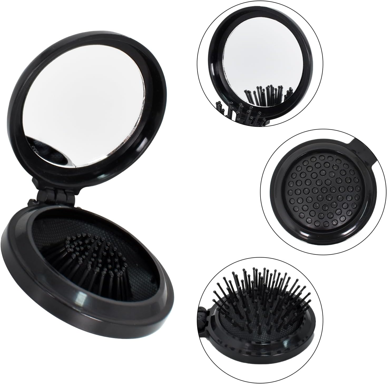 Pack of 2 Foldable Hair Brushes with Mirror, Foldable Hair Brushes with Travel Mirror, Round, Portable Bag, Hair Brush, Mini Hair Comb, Hair Massage Comb for Men, Women and Girls, Black + White