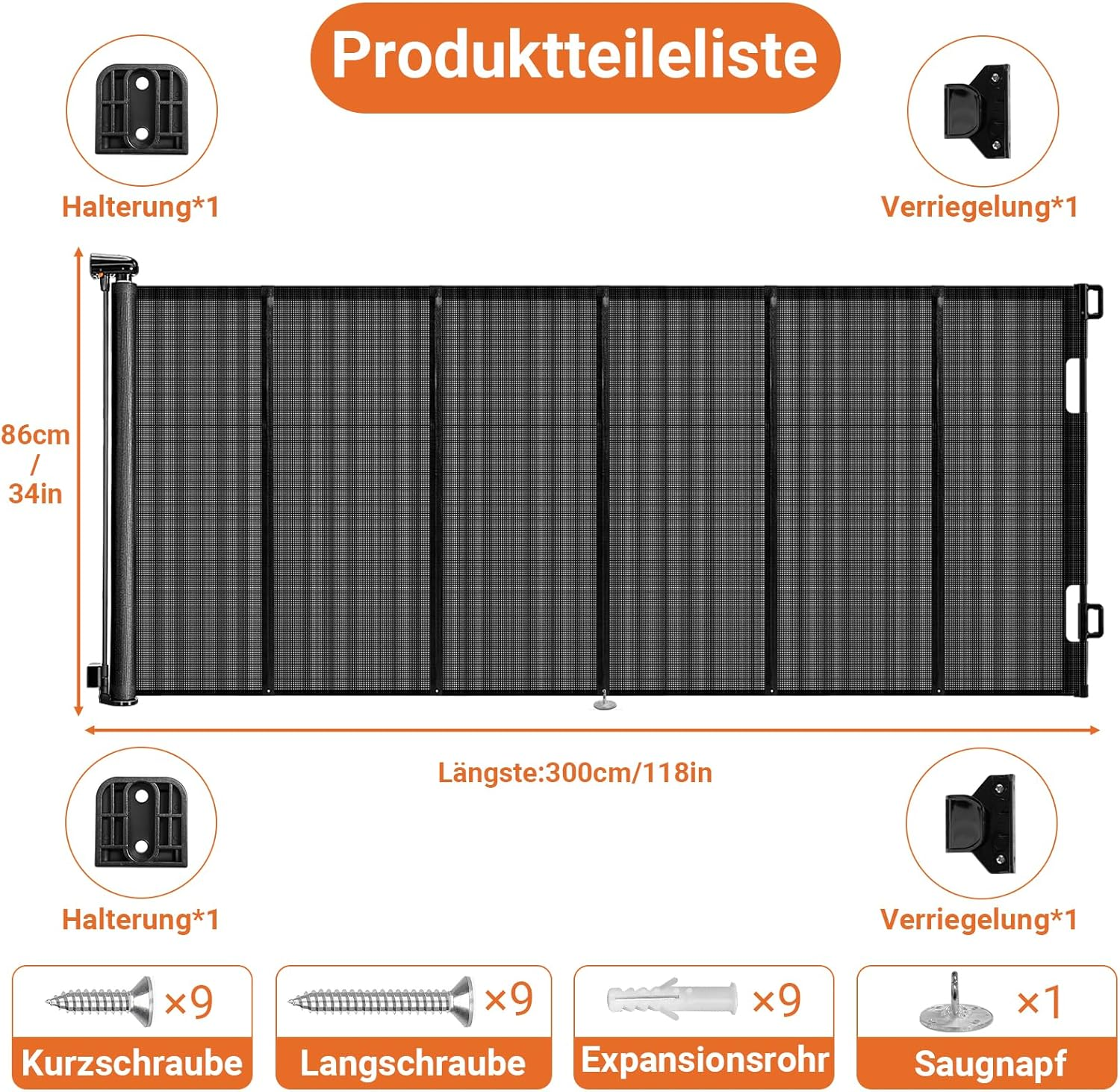 Ycozy 300Cm Retractable Baby Gate for Pet Child with Reinforced Bar Design to Prevent Crawling through 86Cm Tall Mesh Dog Safety Gate for Stairs Doorways Indoor image number 3