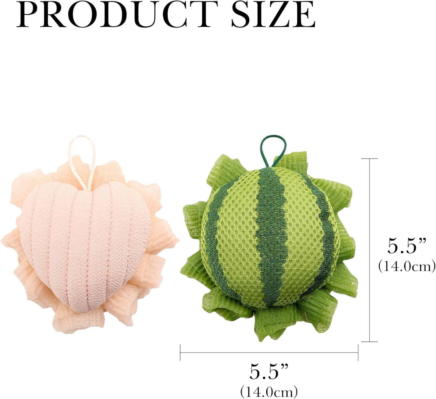 Reignsword 2 Pack Cute Bath Loofah, Cartoon Watermelon & Love Heart Shape - Mesh Shower Sponge Body Scrubber, Exfoliating Bath Accessories for Women