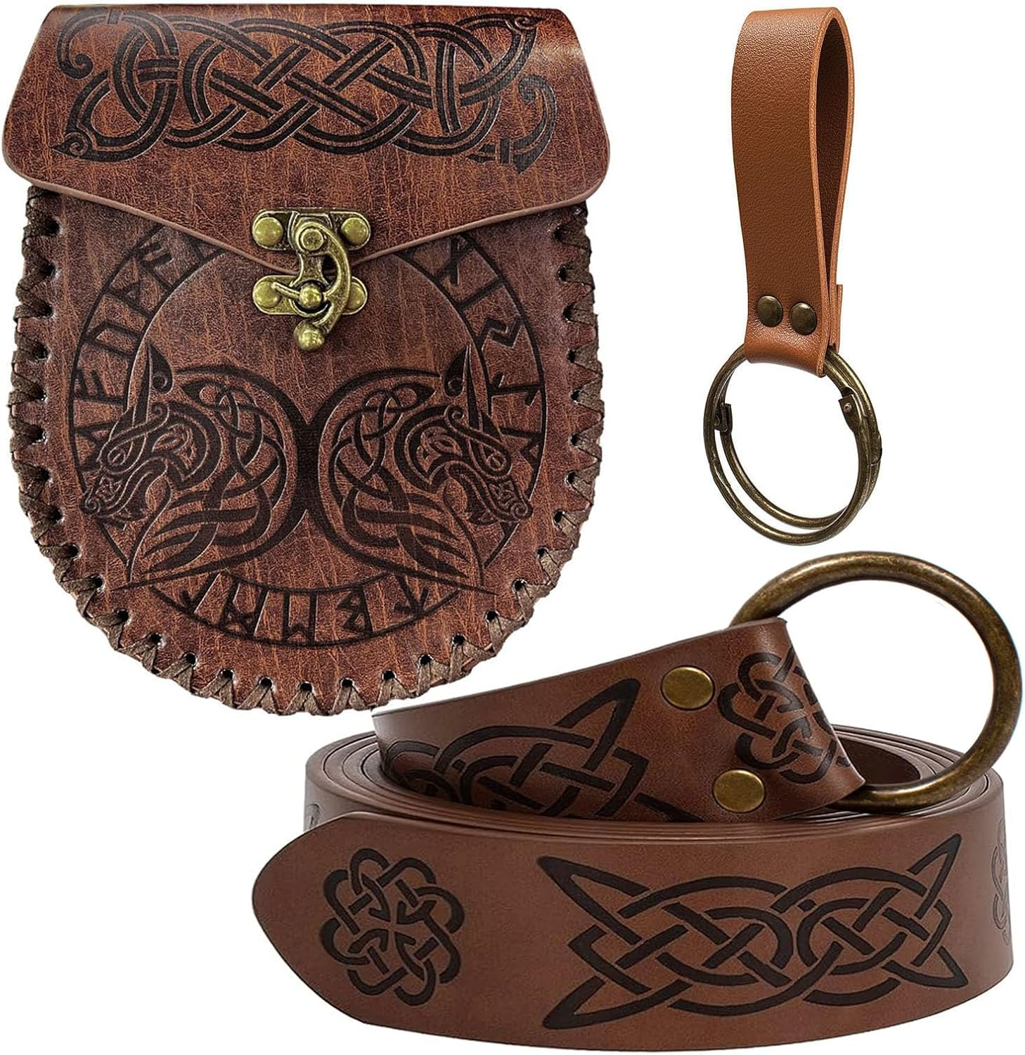 Retro Belt Pouch Coin Purse Waist Bag Medieval Viking Leather Belt Halloween Renaissance Costume Festival Cosplay Accessory (Black-Wolf), One Color, Brown-Wolf image number 3