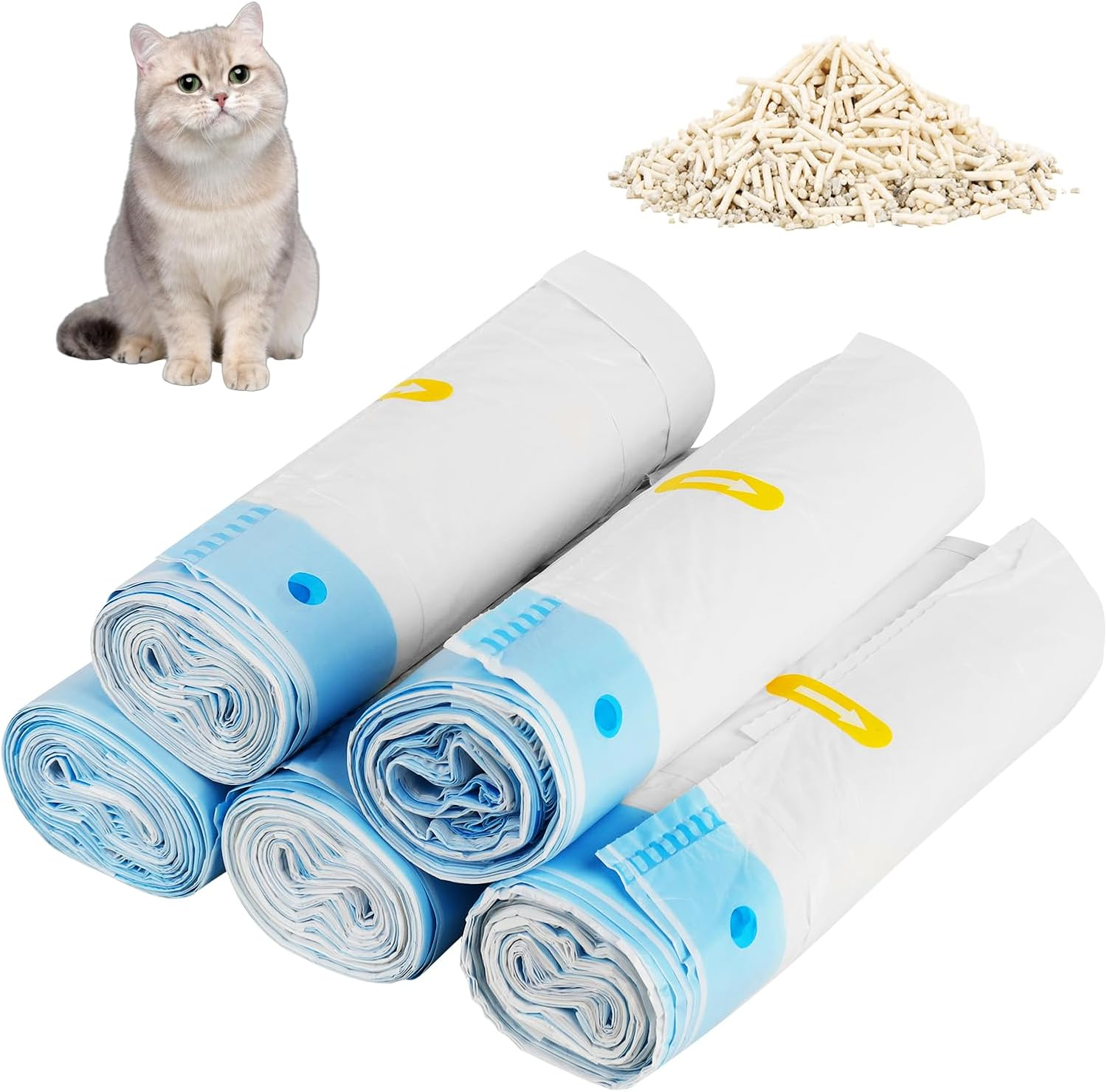 LUFEIS Pack of 75 Bin Bags, Bin Bags with Carry Handle, Self-Cleaning Cat Litter Box, Cat Litter Box Bags, Self-Cleaning Cat Litter Box with Drawstrings, Liquid-Proof, Durable, 5 Rolls