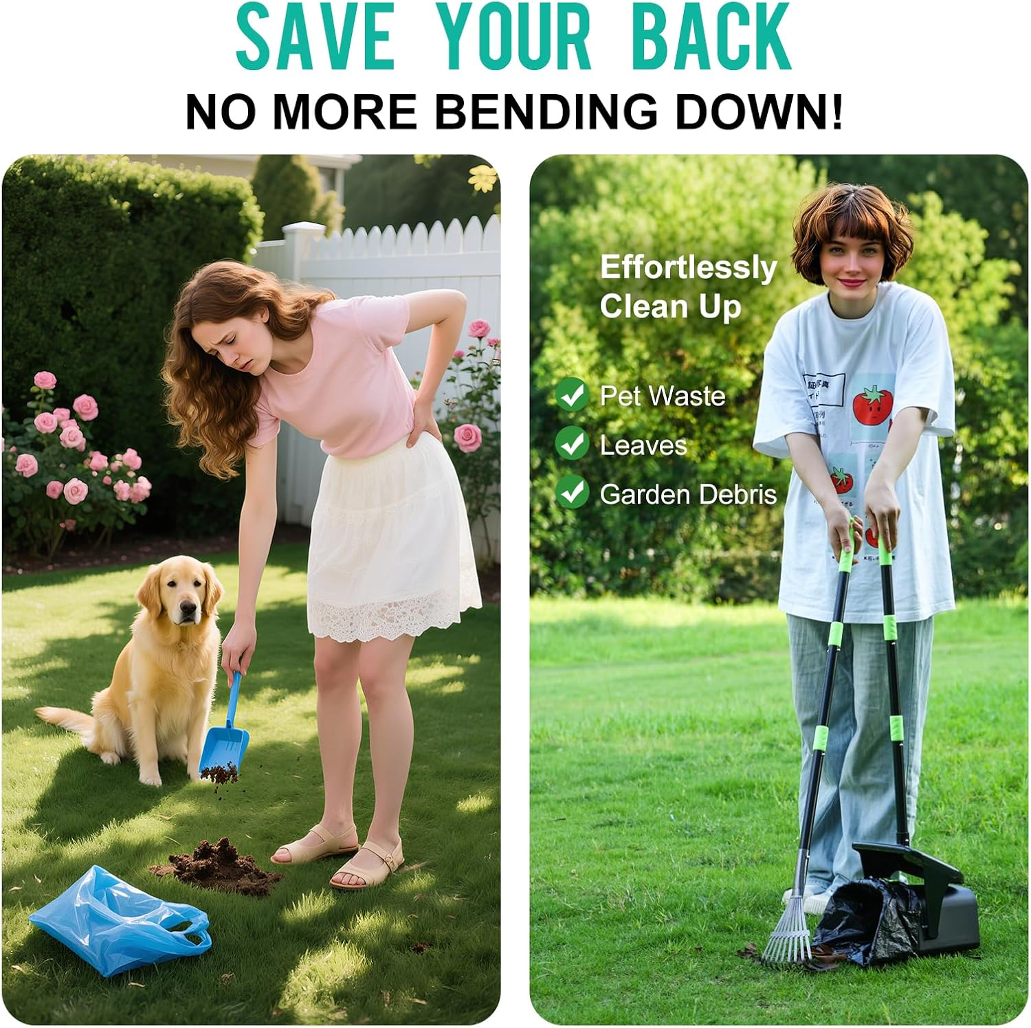 Long Handle Dog Poop Scooper Set with Swivel Bin, Rake & Spade - 97Cm Adjustable Poop Scoop - 20 Bags Included - No Bend Cleaning for Grass, Concrete & Gravel - Rustproof Stainless Steel image number 6