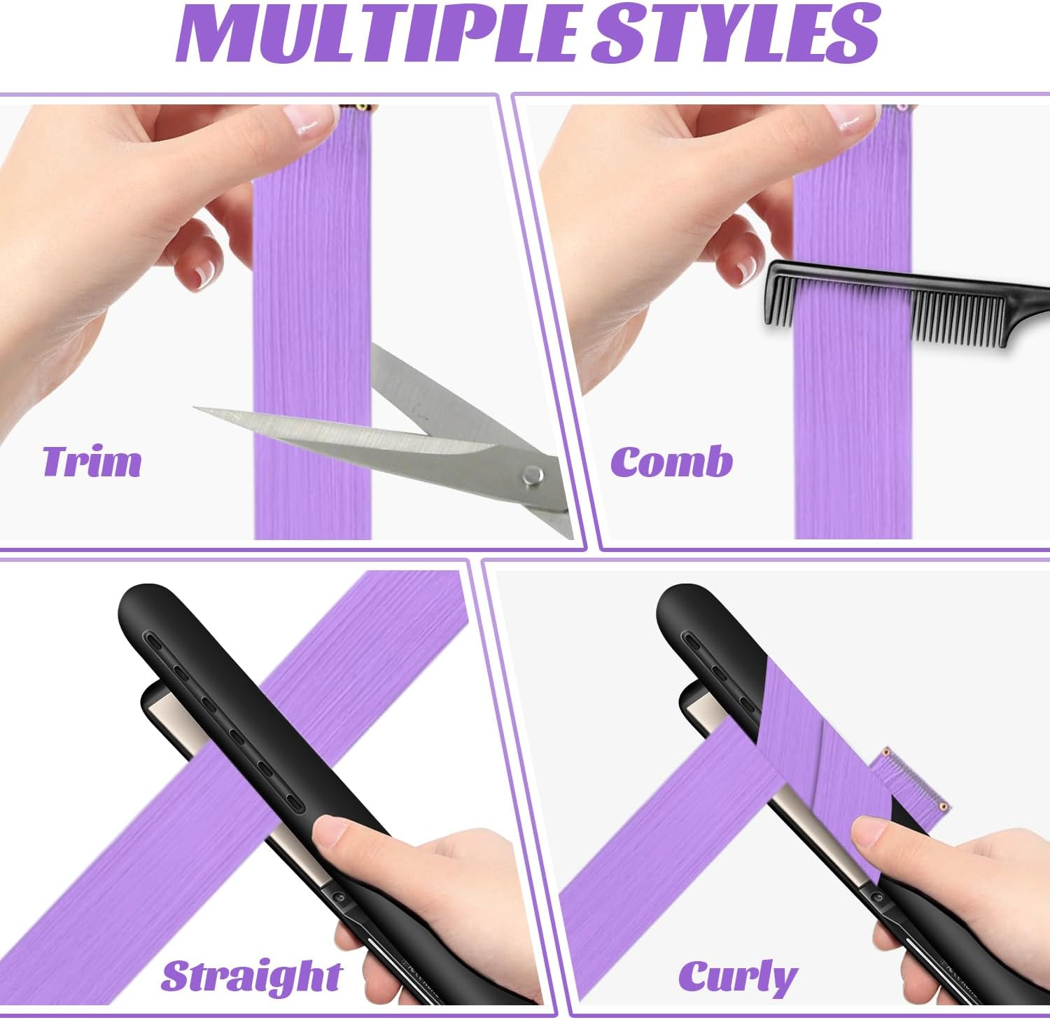 10 Pcs Purple Hair Extensions | 22 in Long Straight Fake Hair | Clip in Hair Extension | Hair Accessories for Girls (Light Purple) - Lake Blue image number 4