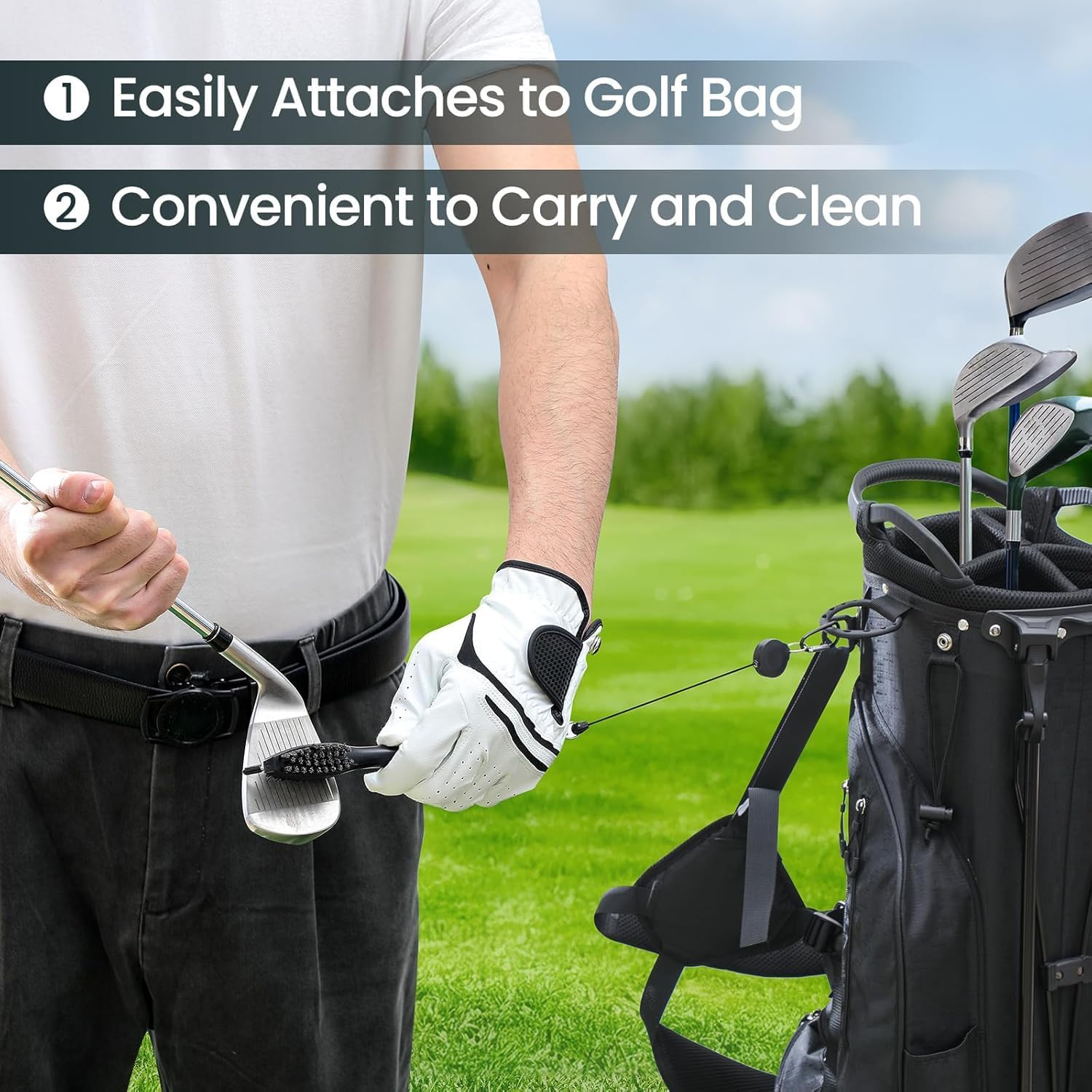 Golf Club Brush and Club Groove Cleaner with Retractable Zip-Line and Aluminum Carabiner Cleaning Tools, Golf Accessories, Golf Ball Cleaner, Golf Gifts for Men, Easily Attaches to Golf Bag. - Blue image number 6