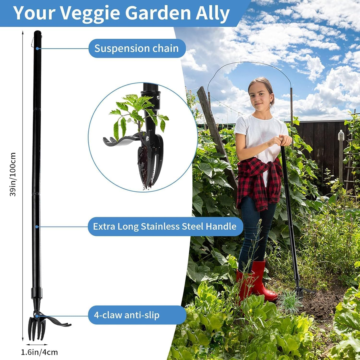 Lim Energy Weed Puller Tool - Detachable Stand up Weed Puller Tool with 100CM Long Handle & 4-Claw Steel Head Design, Weeding Tools Gardening Long Handle (100CM) image number 4