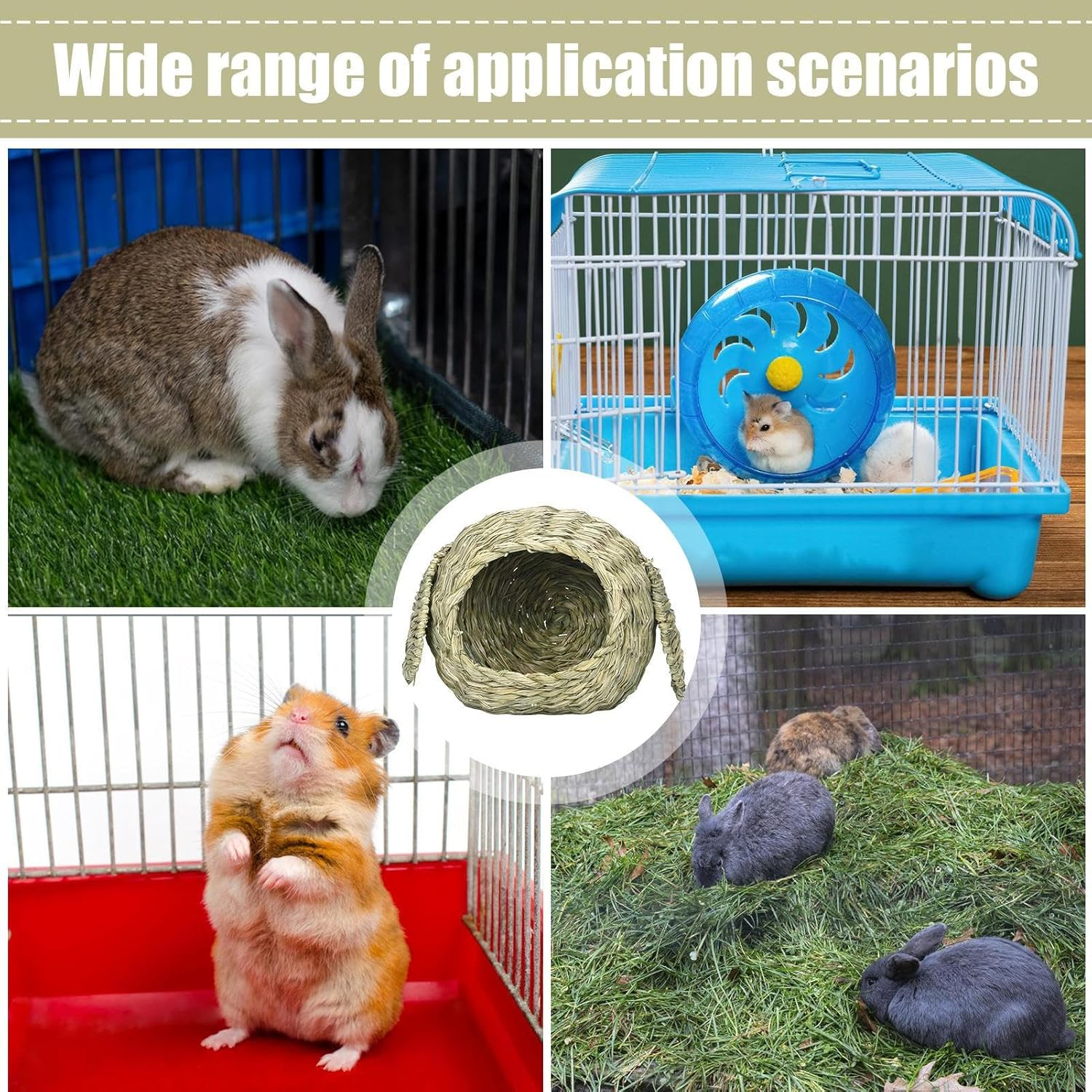 Grass House for Rabbits - Naturally Manufactured Animal Shelter, Comfortable Animals Hut Play Hideaway Bed Hay Mat Chew Toy for Bunny Guinea Pig Hamster Chinchilla image number 2