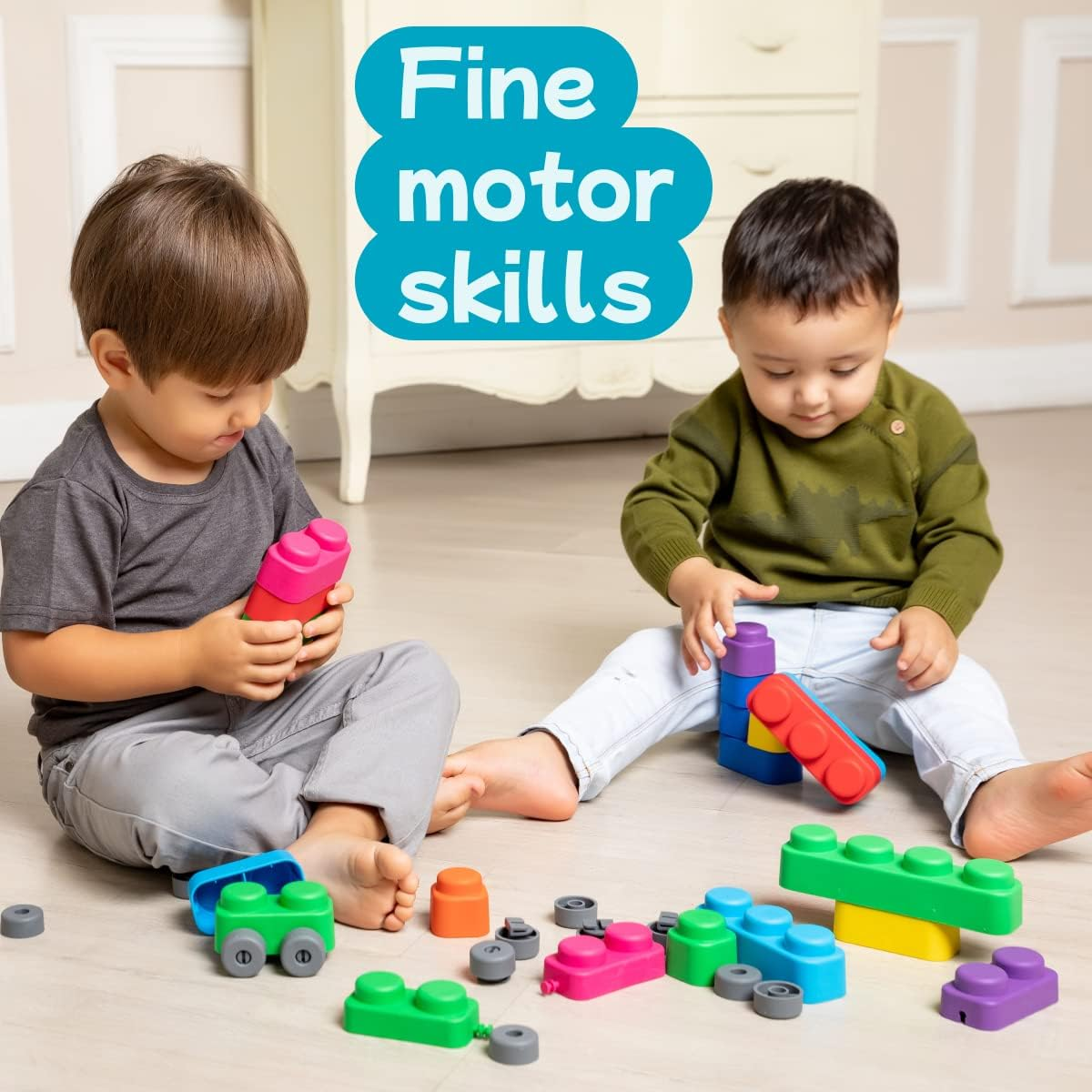 Soft Building Blocks (15 Pcs + 12 Wheels) Montessori Toys for Toddlers Age 3 Years | European Made | Colourful Early Learning Play Bath Cars Sensory Stacking Blocks