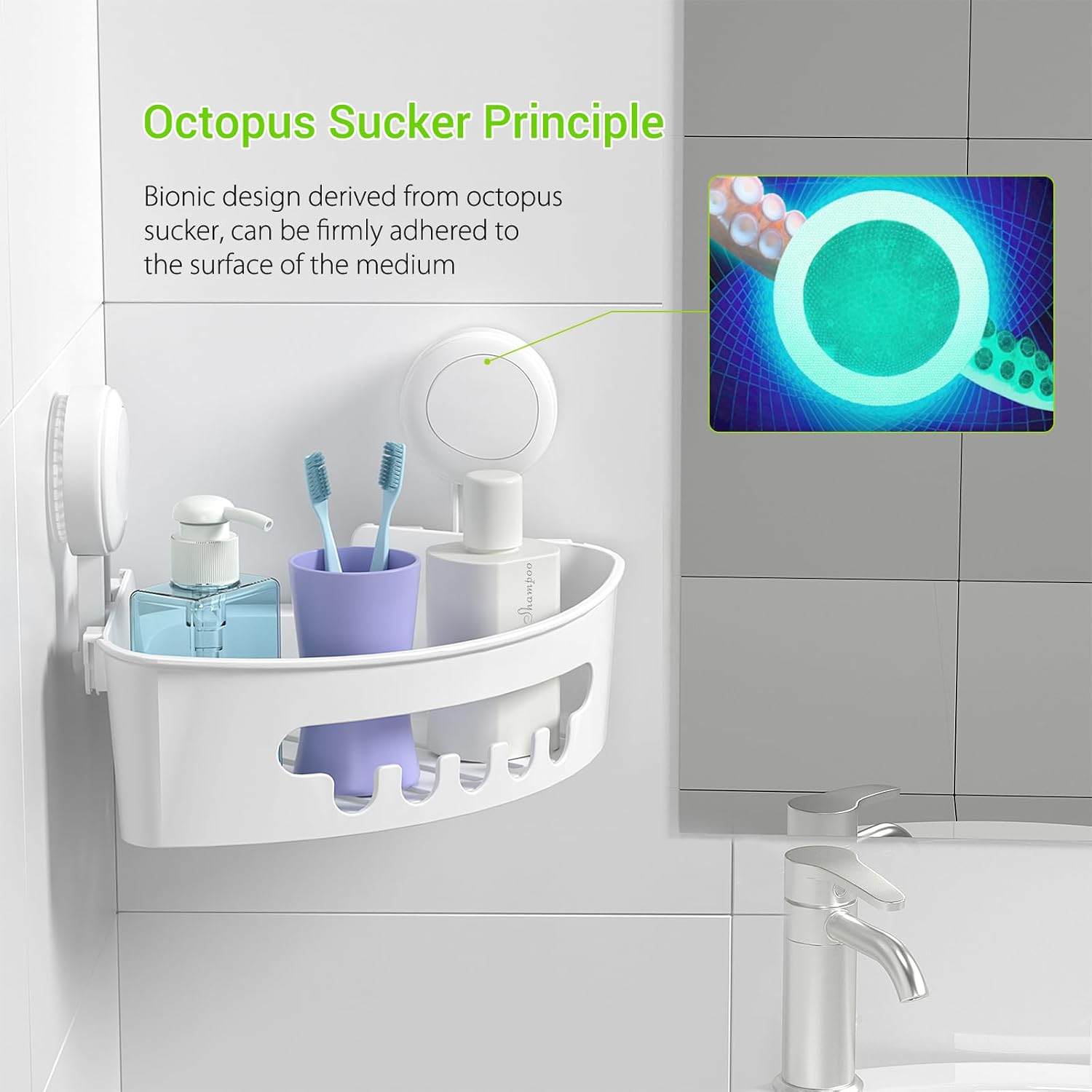 Ilikable Corner Shower Caddy, Vacuum Suction Cup Shower Organizer No-Drilling Removable Shower Shelf with Hooks Wall Mounted Corner Shower Storage Basket for Shampoo Conditioner Razors Soap - White image number 5