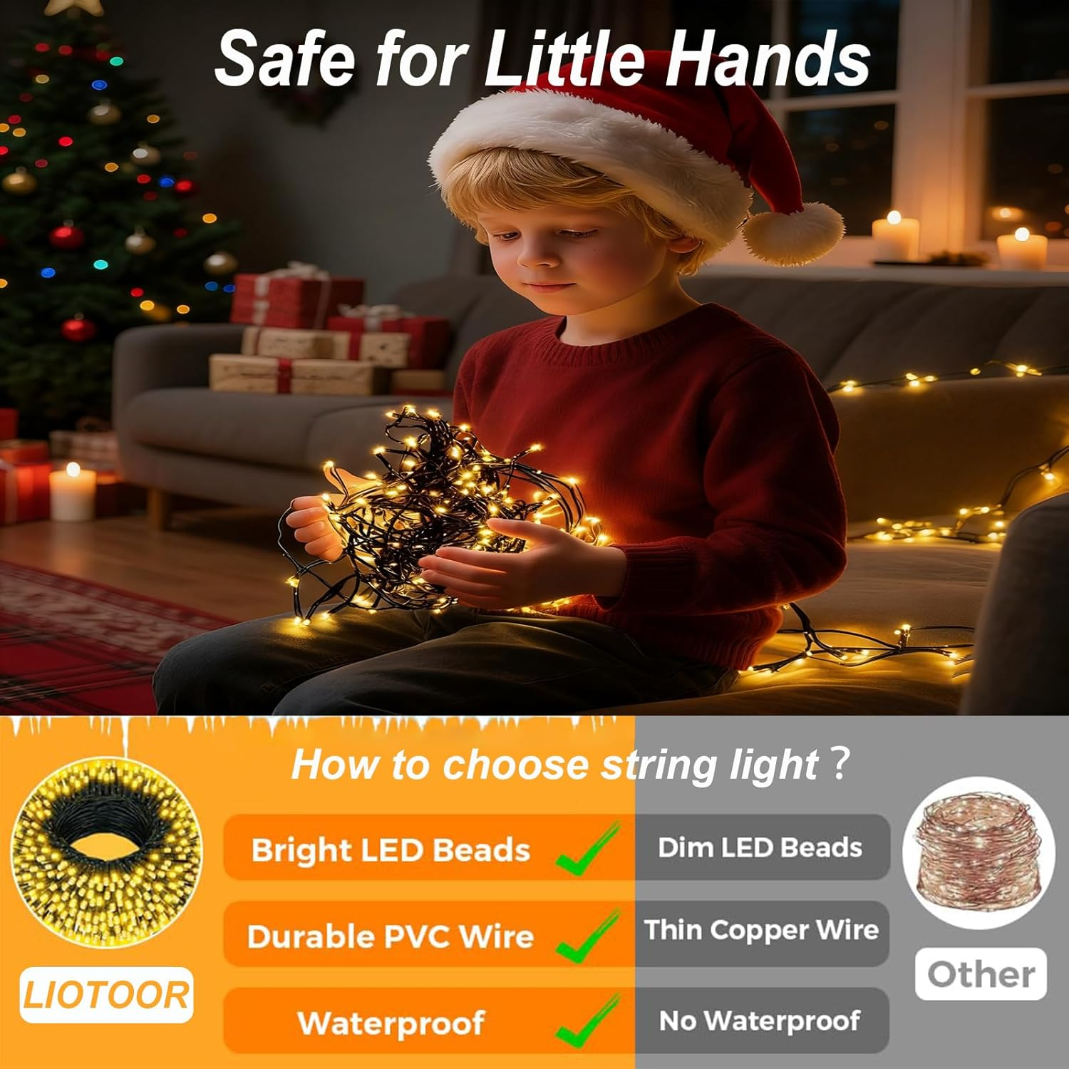 Christmas Lights & Fairy Lights, 30M 300 Leds USB String Lights with 8 Lighting Modes for Indoor Outdoor Bedroom Wedding Decor Party Christmas Tree Lighting (300Leds Warm) image number 4