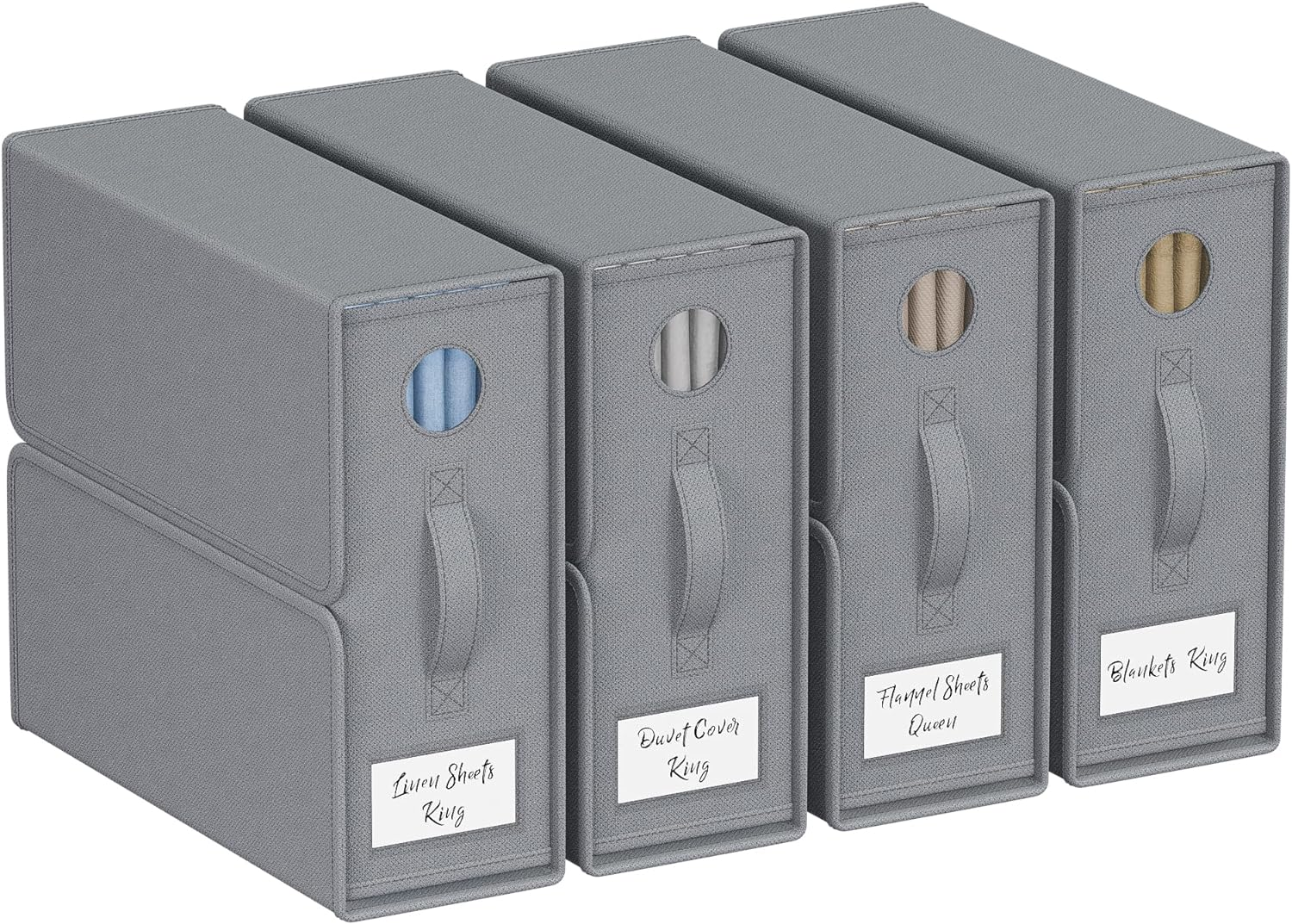 TRZZ 4-Pack Bed Sheet Organizers and Storage, Foldable Linen Bins with Window and Labels, Bedding Holder for Queen/King Duvet Covers, Keeps Bedding Neatly Organized and Accessible (Grey) image number 6