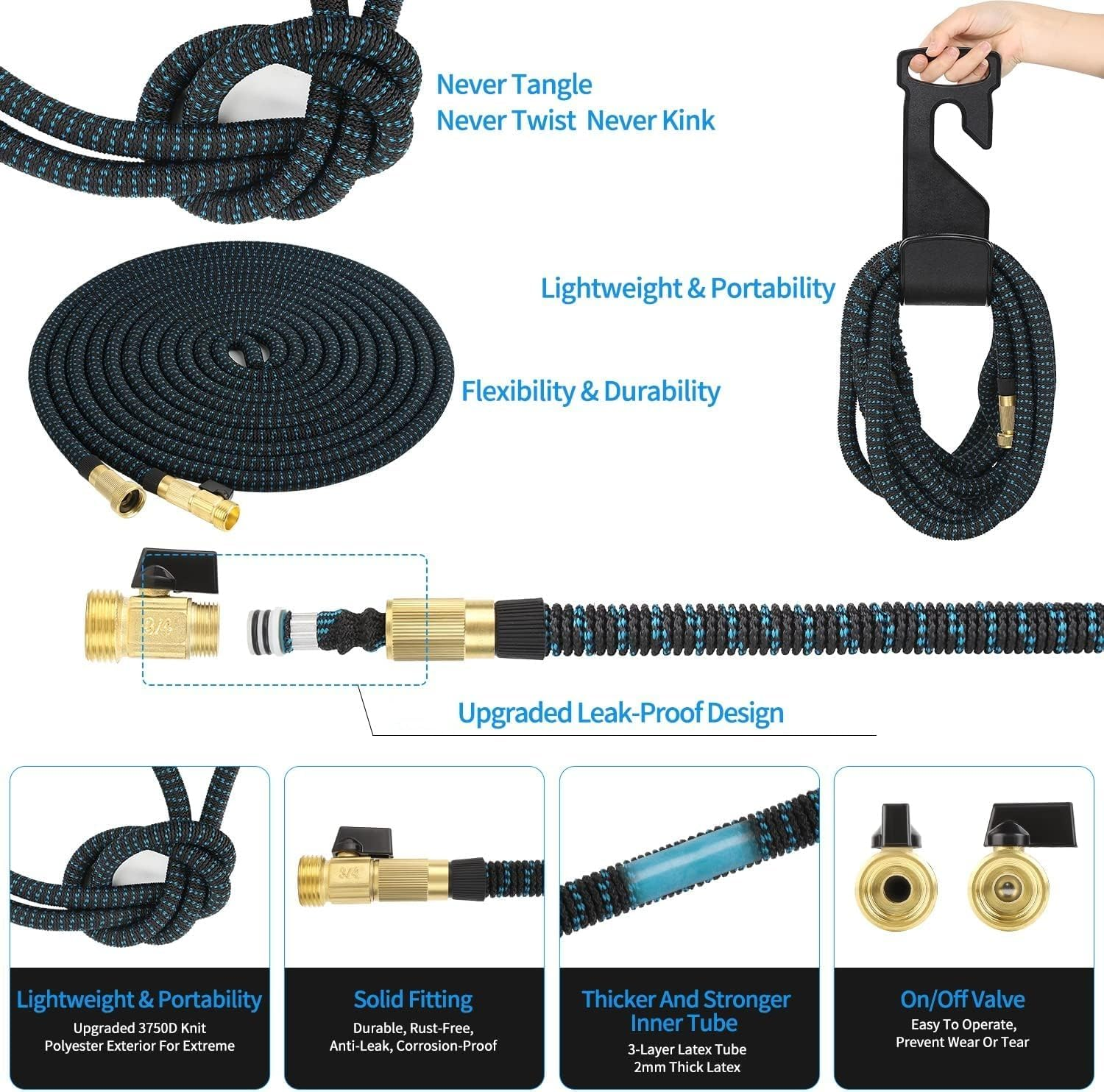 100 FT Expandable Garden Hose with 10 Function Spray Nozzle, No-Kink, Lightweight, Flexible Hose with Brass Fittings and 4-Layer Latex Core, Retractable Water Hose (Blue Black) image number 5