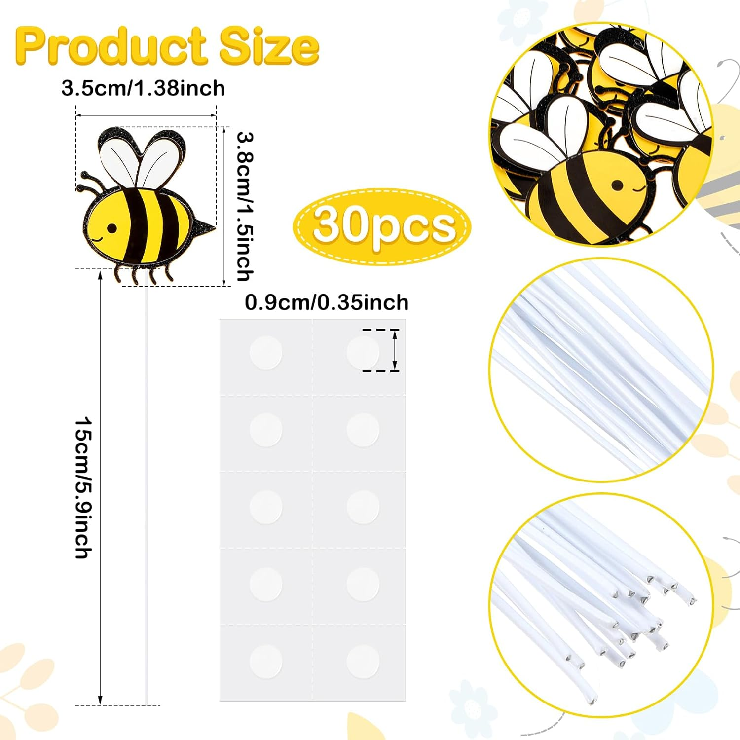 30 Pieces Double Layer Bee Cake Toppers, Card Decorations, Bumble Figurine Cupcake Picks for Themed Party, Weddings, Celebrations or Birthday Decorations image number 3