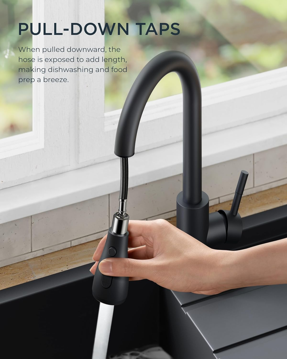 FORIOUS WELS Kitchen Sink Taps Mixer with Pull Out Spray, Swivel Single Handle High Arc Pull down Stainless Steel Kitchen Tap, Matte Black - Matte Black image number 3