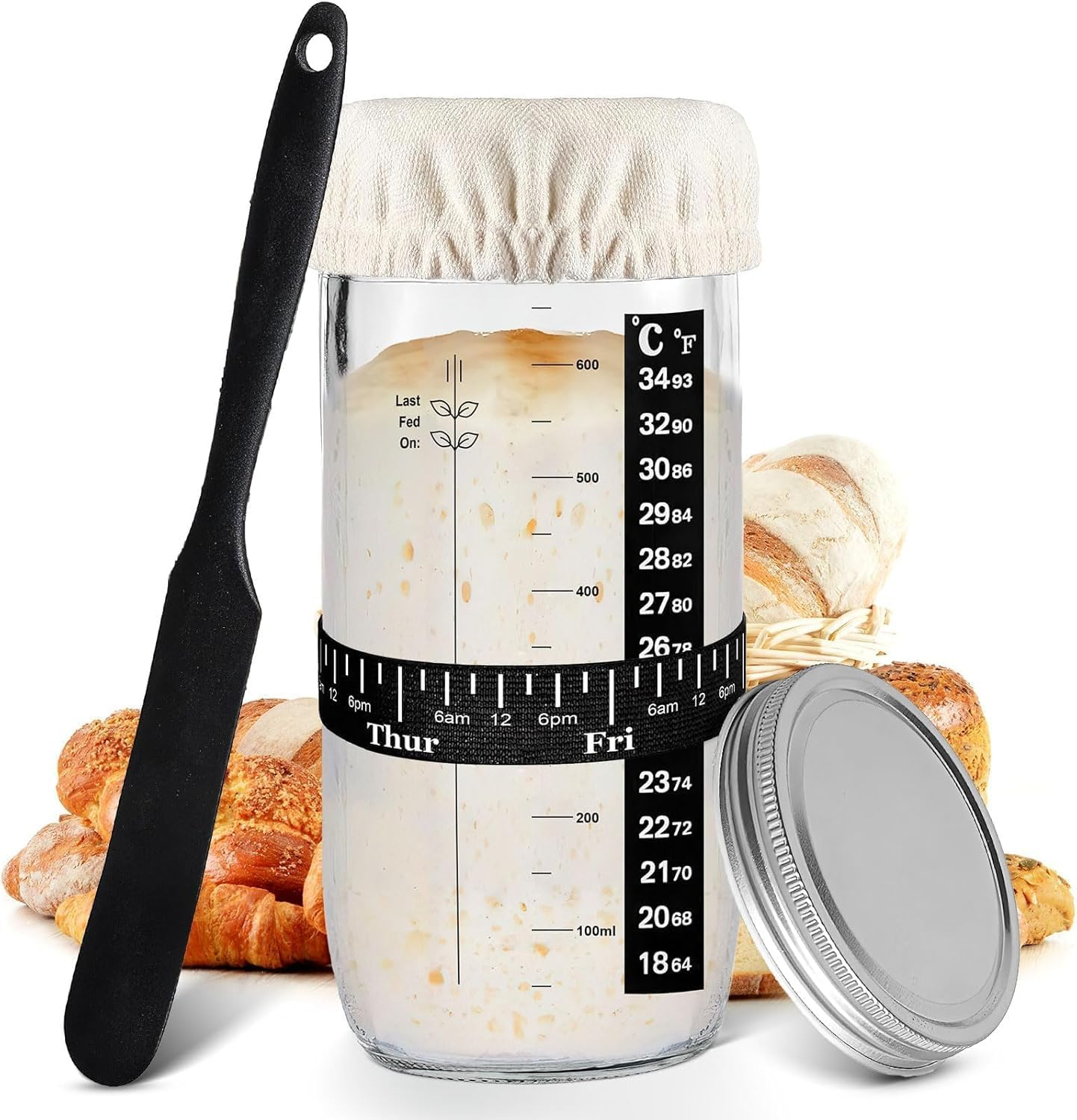 ZDZX 24Oz Sourdough Starter Kit with Date Marked Band - Includes Glass Jar, Thermometer, Silicone Scraper, Cloth Cover & Metal Lid - Baking Supplies for Homemade Sourdough, Family & Beginners image number 2