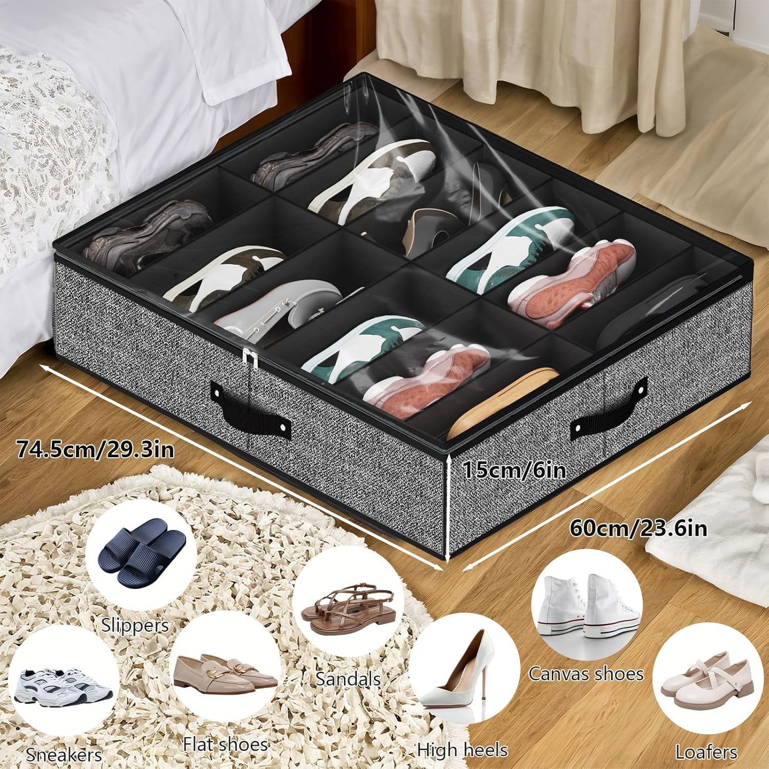 VERONLY under Bed Shoe Storage Organiser Set of 2, Underbed Shoe Storage Box Bins Fits 24 Pairs-Sturdy for Closet (Grey)