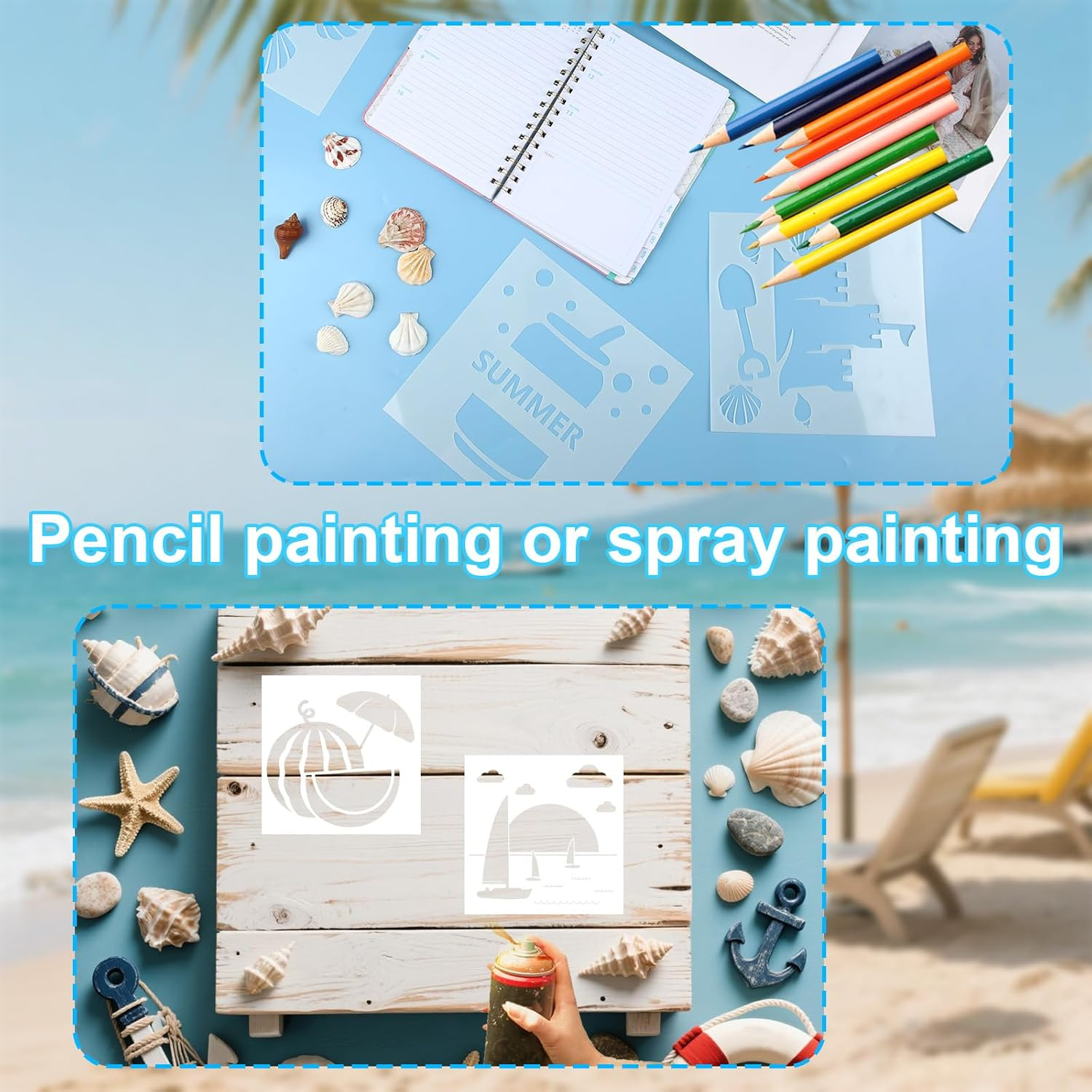 Tinoaly 24Pcs Summer Stencils for Painting, 8X8In Reusable Beach Ocean Themed Stencils with Coconut Watermelon Whale Tropical Styles for Wood Rock Canvas DIY Crafts