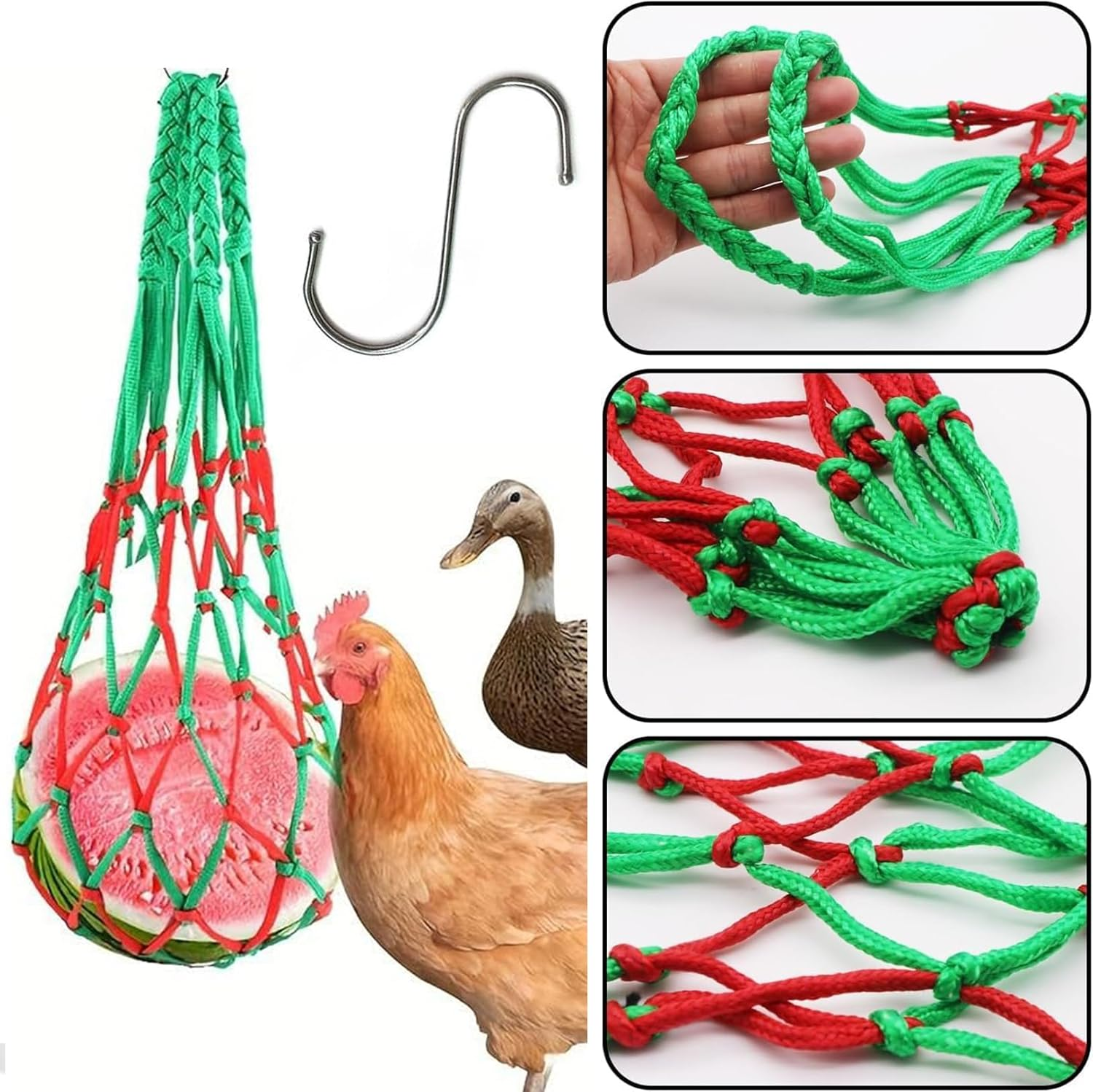 Vegetable Hanging Feeder Hangable Feeding Net Bag Vegetable String Bag Can Hold Vegetable and Fruit Feed Suitable with Hook for Chicken Duck Goose Coop and Can Also Hold Other Items You Want
